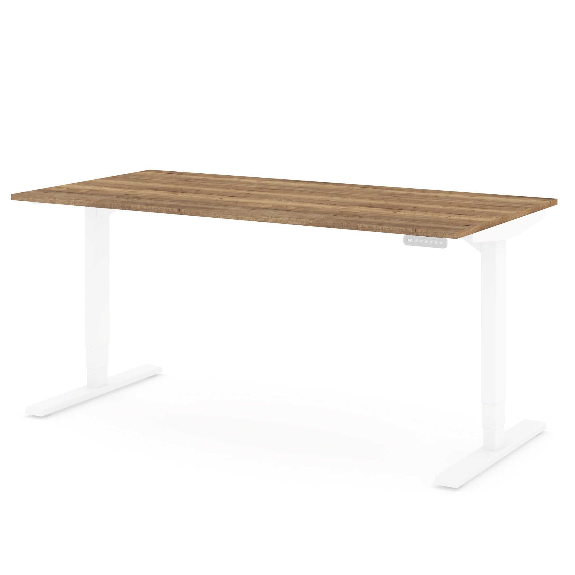 Höhenverstellbarer Schreibtisch mit dunkler Eichenplatte und weißem Gestell auf weißem Hintergrund