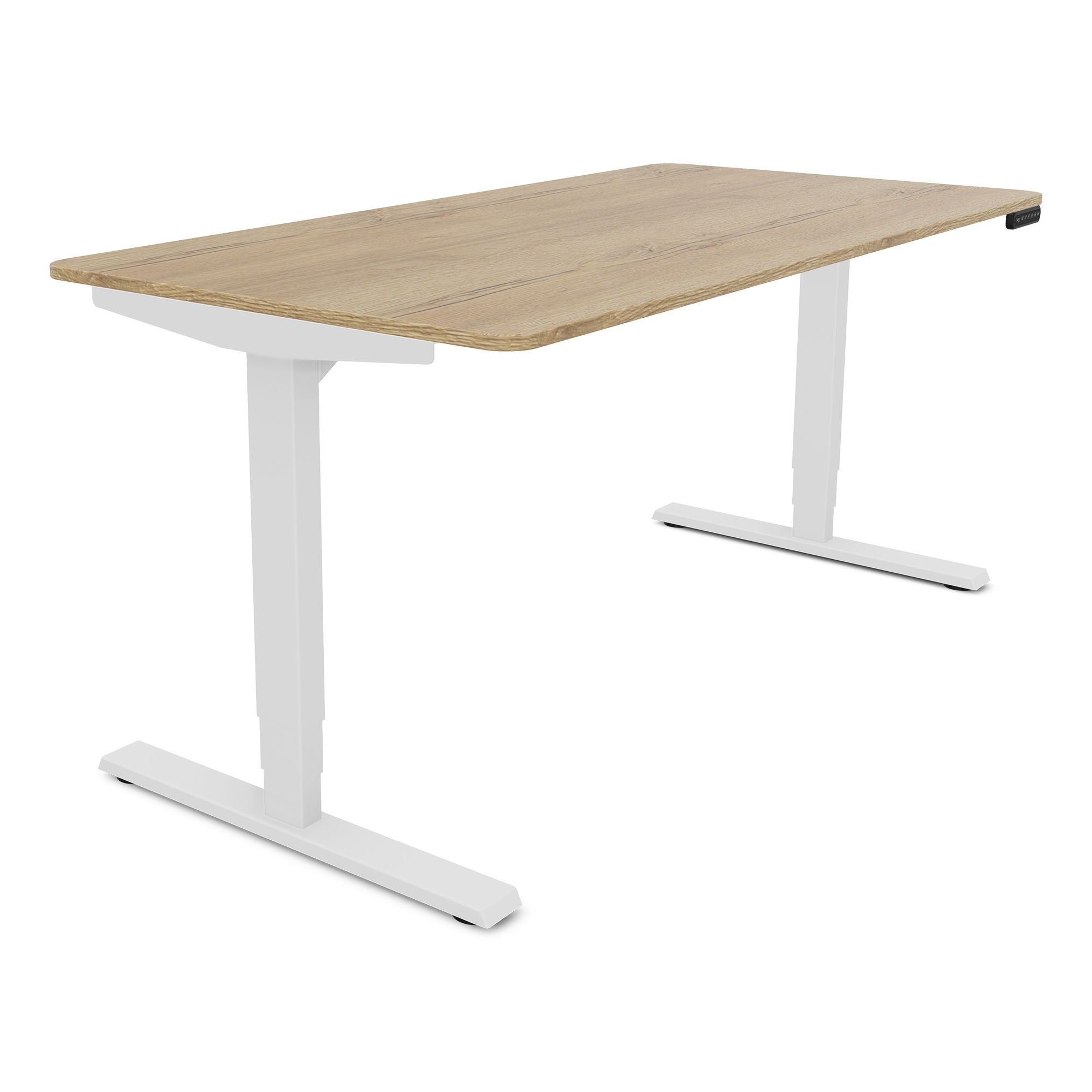 Ein höhenverstellbarer Tisch mit einer Holzplatte und weißen Beinen.