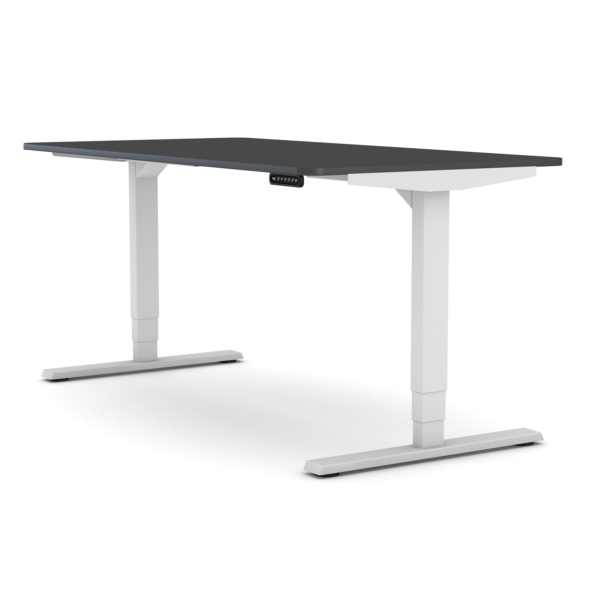 Höhenverstellbarer Schreibtisch mit schwarzer Tischplatte und weißem Gestell in Seitenansicht