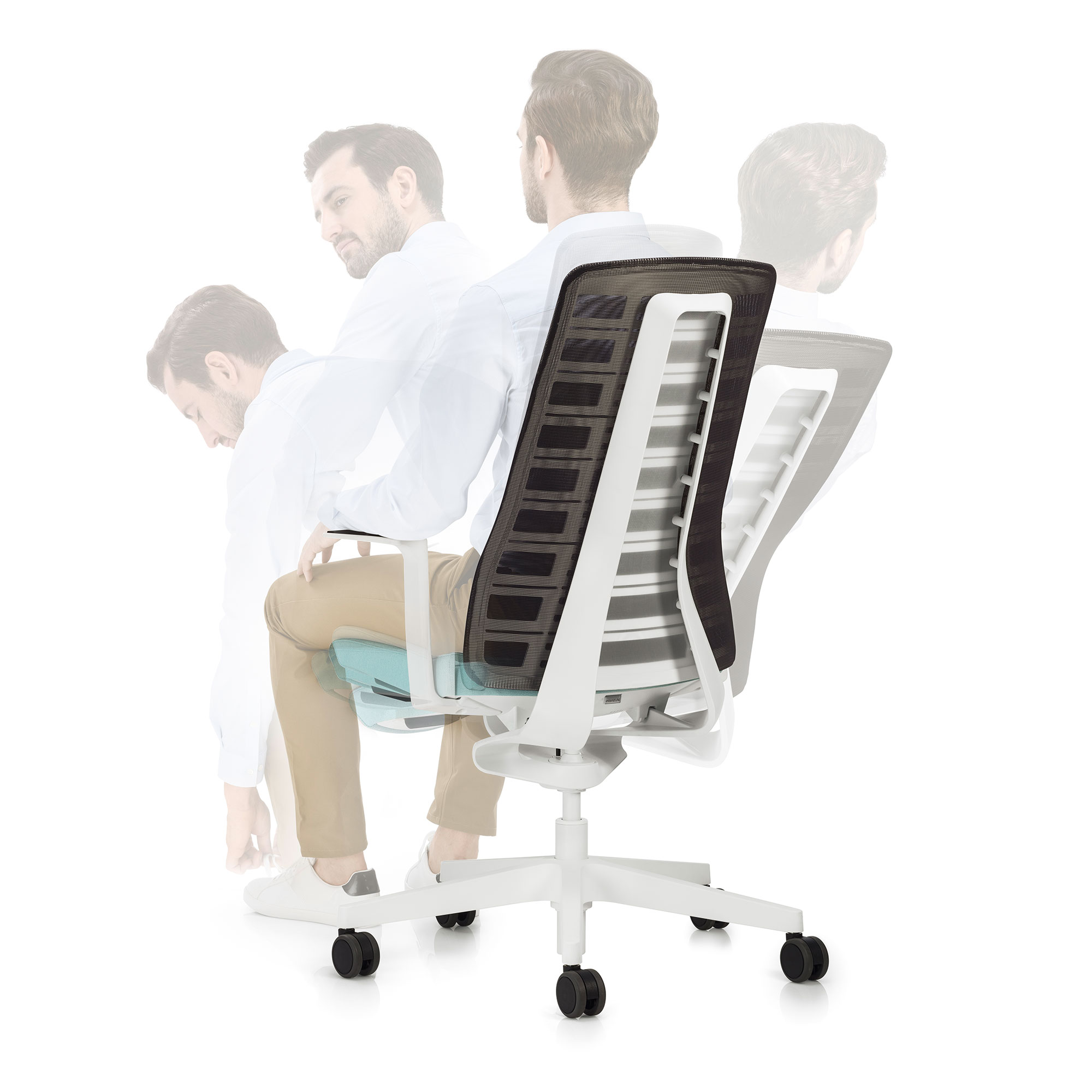 Ein moderner Bürostuhl mit verstellbarem Rücken und einem Mann, der sich darauf bewegt.
