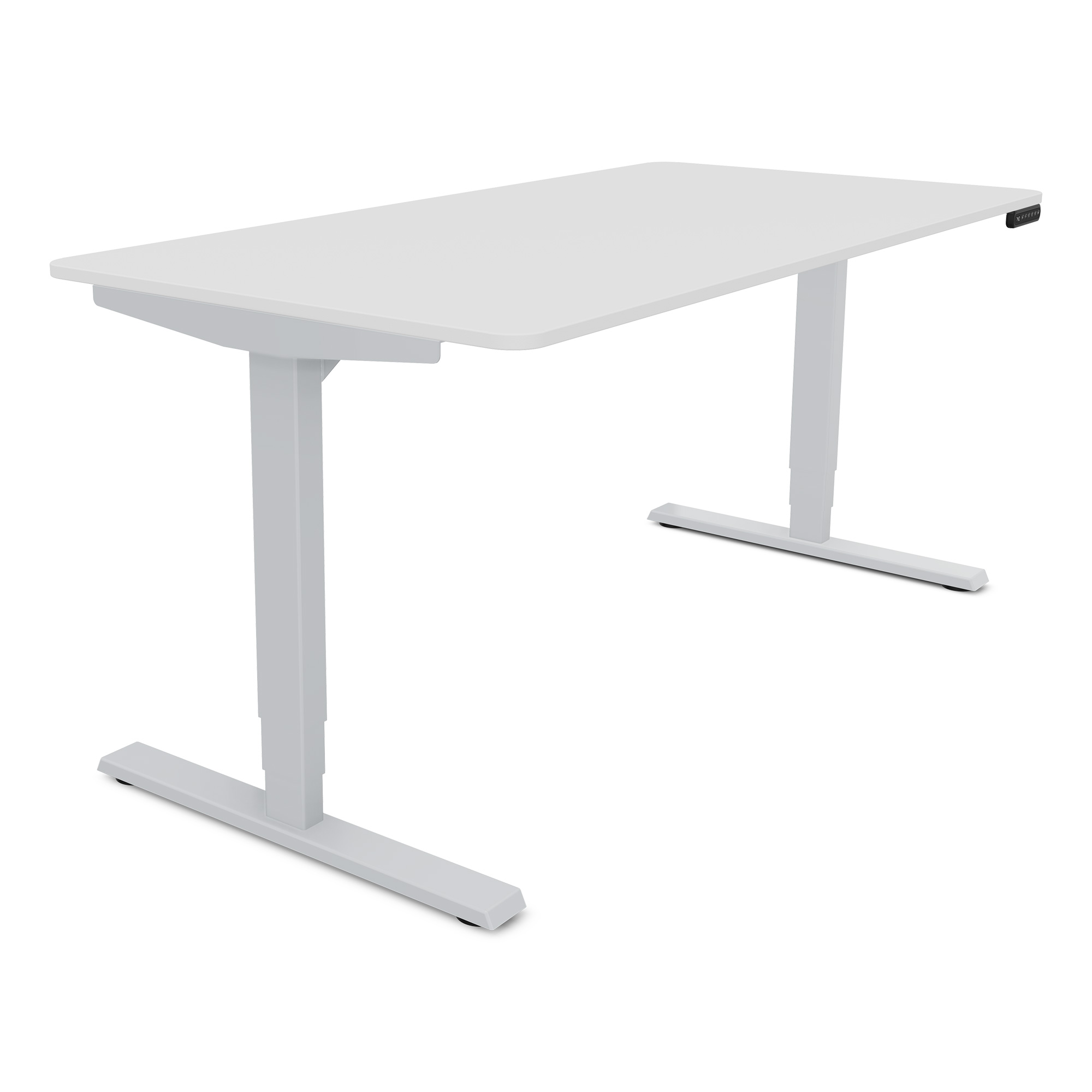 Ein höhenverstellbarer Schreibtisch in Weiß.