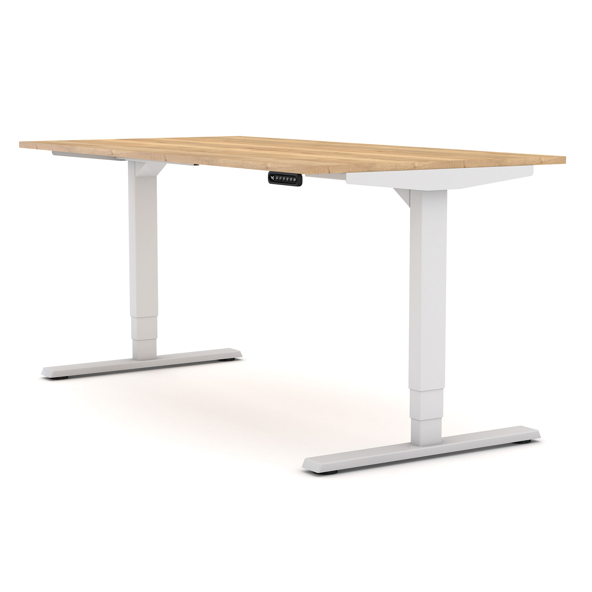 Ein höhenverstellbarer Schreibtisch mit einer Holzplatte und weißen Metallbeinen.