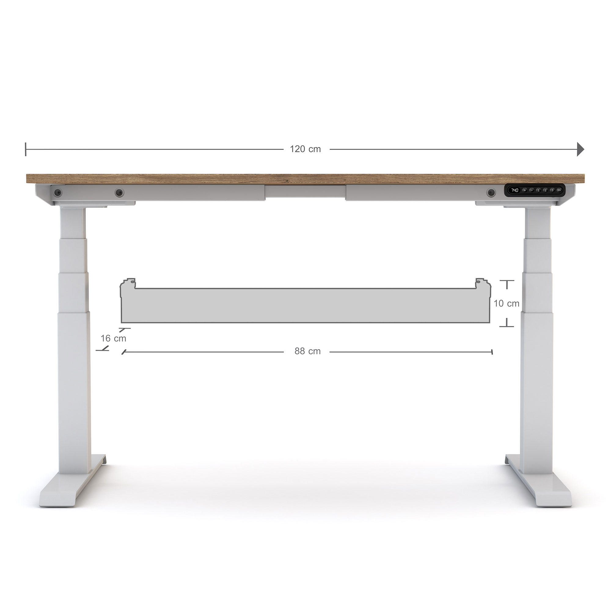 Maßgrafik eines höhenverstellbaren Schreibtischs mit Quertraverse.