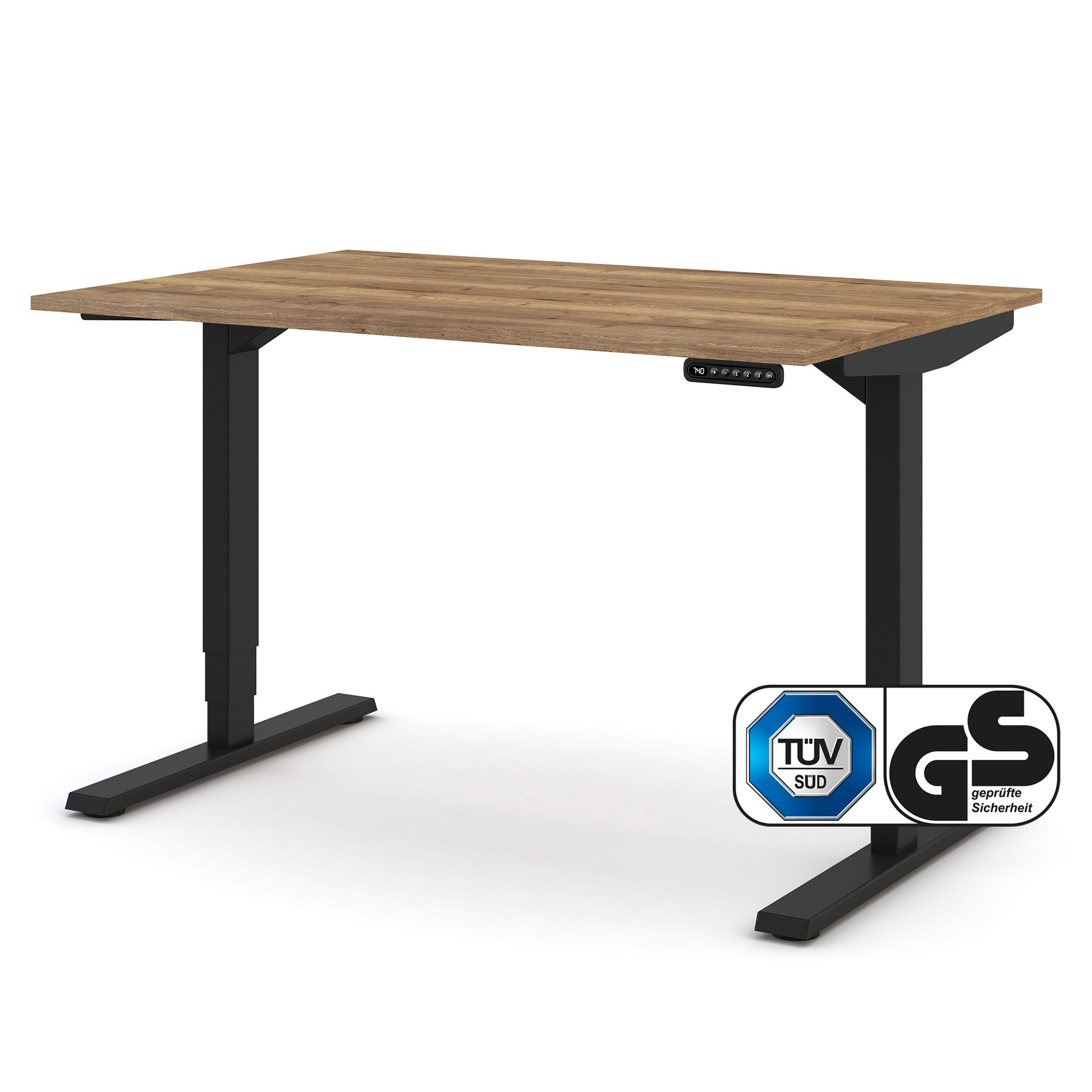 Höhenverstellbarer Schreibtisch mit dunkler Holzplatte und schwarzem Gestell, TÜV und GS Zertifizierung abgebildet.