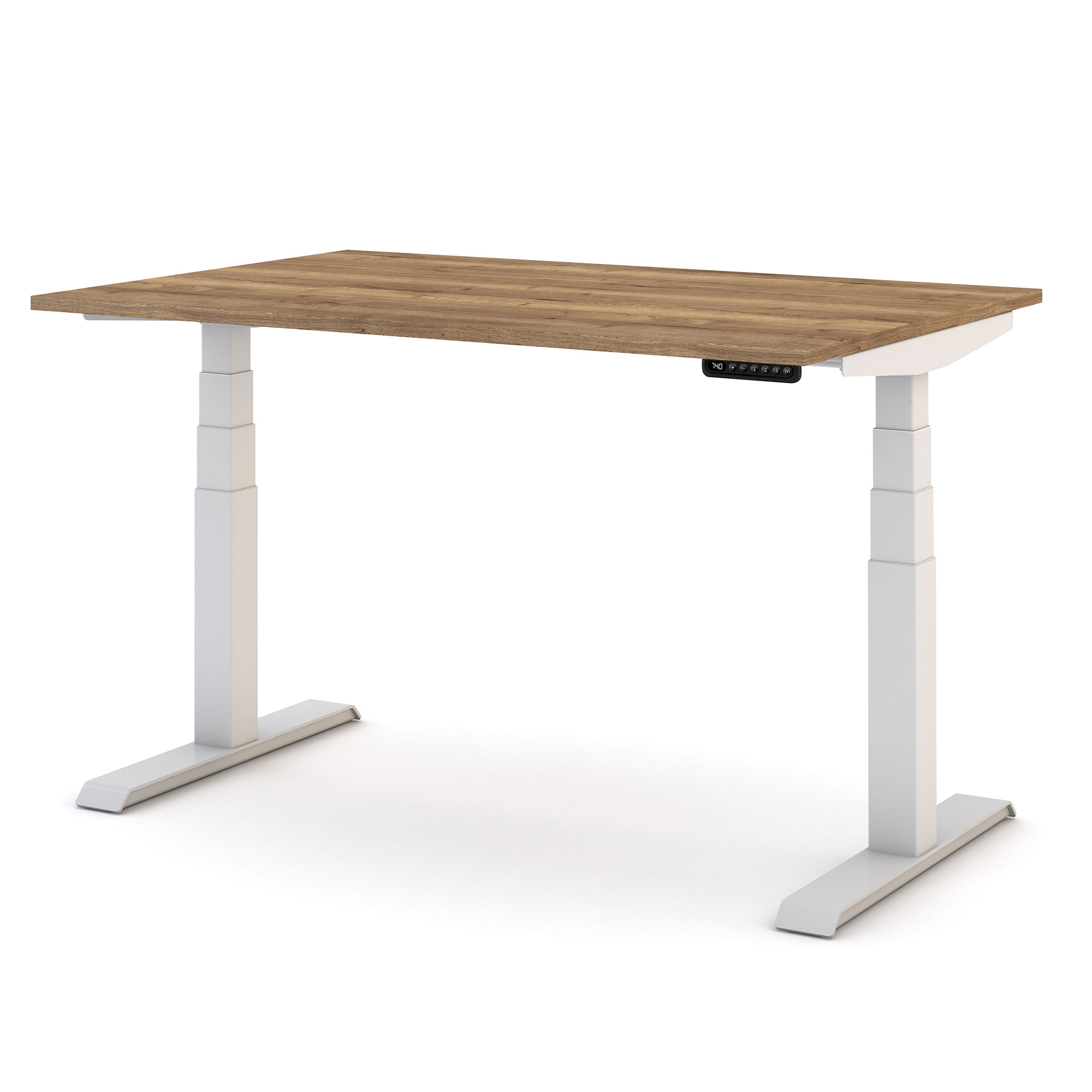 Höhenverstellbarer Schreibtisch mit rustikaler Holzplatte und weißem Gestell.