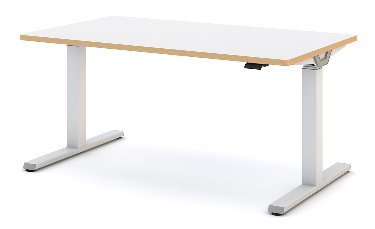 Höhenverstellbarer Schreibtisch mit weißer Tischplatte und hellem Holzrand.