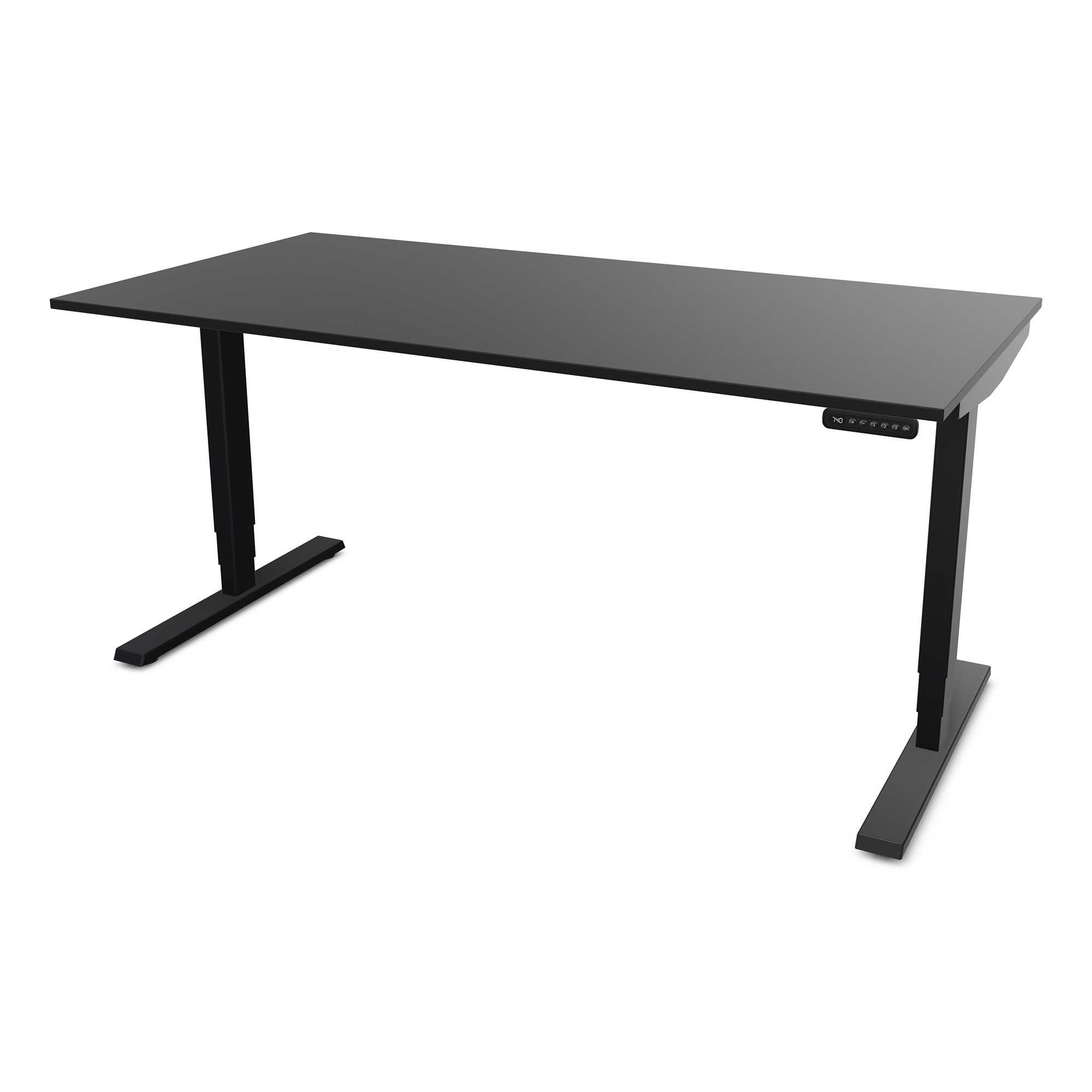 Elektrisch höhenverstellbarer Schreibtisch Y-Line Ein schwarzer Schreibtisch mit einem modernen Design und verstellbaren Beinen.