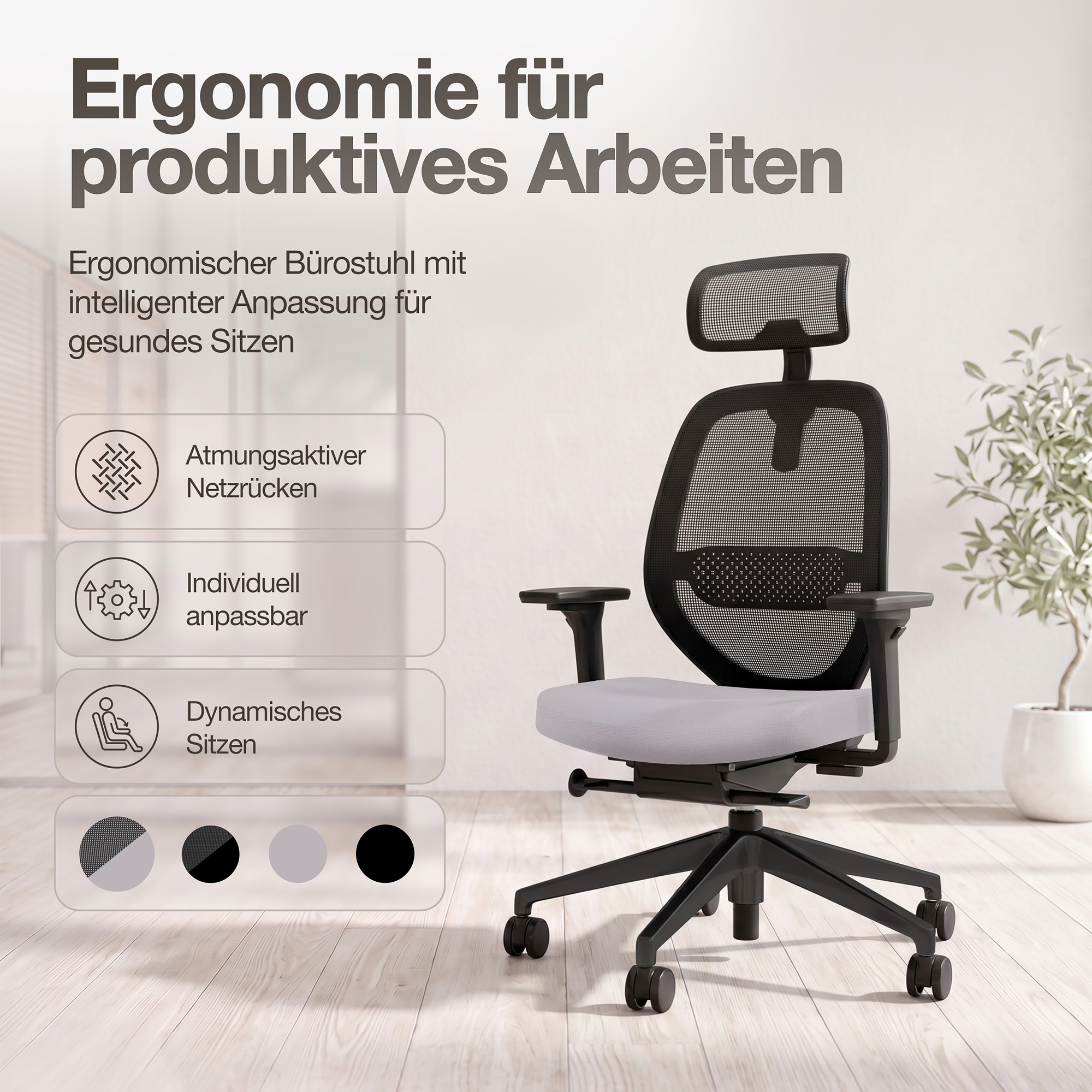 Ergonomischer Bürostuhl Atessa mit Netzrücken und Kopfstütze