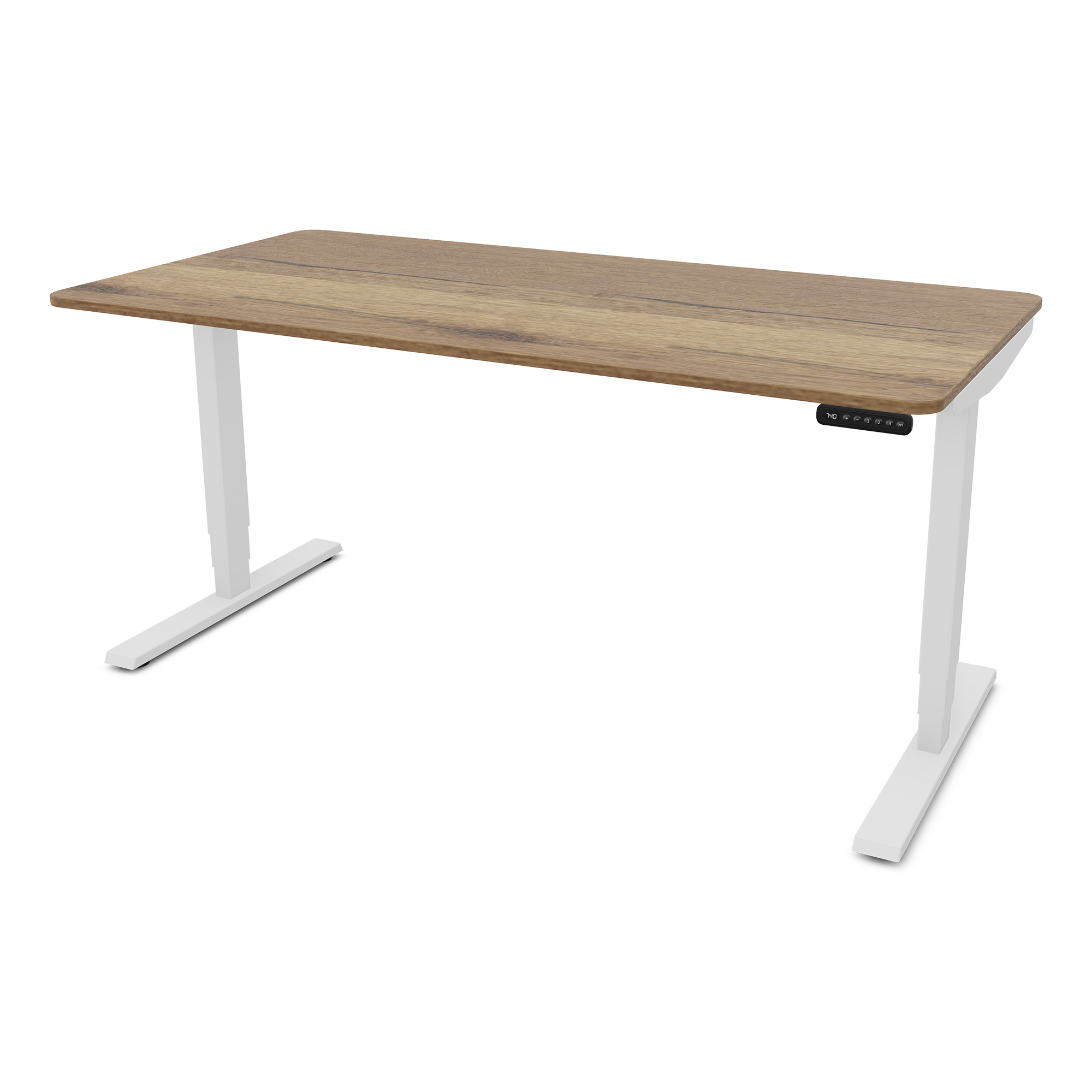 Ein höhenverstellbarer Tisch mit einer Holzplatte und weißen Beinen.