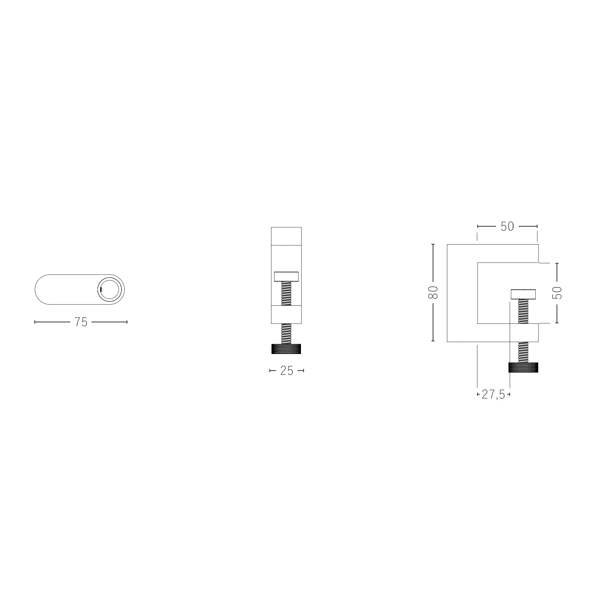 Technische Zeichnung einer Tischklemme mit Maßangaben.