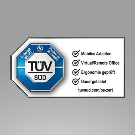 Ein TÜV-Süd-Zertifikat mit dem Hinweis auf mobiles Arbeiten, virtueller/remote Bürogebrauch, geprüfter Ergonomie und Dauerprüfungen.