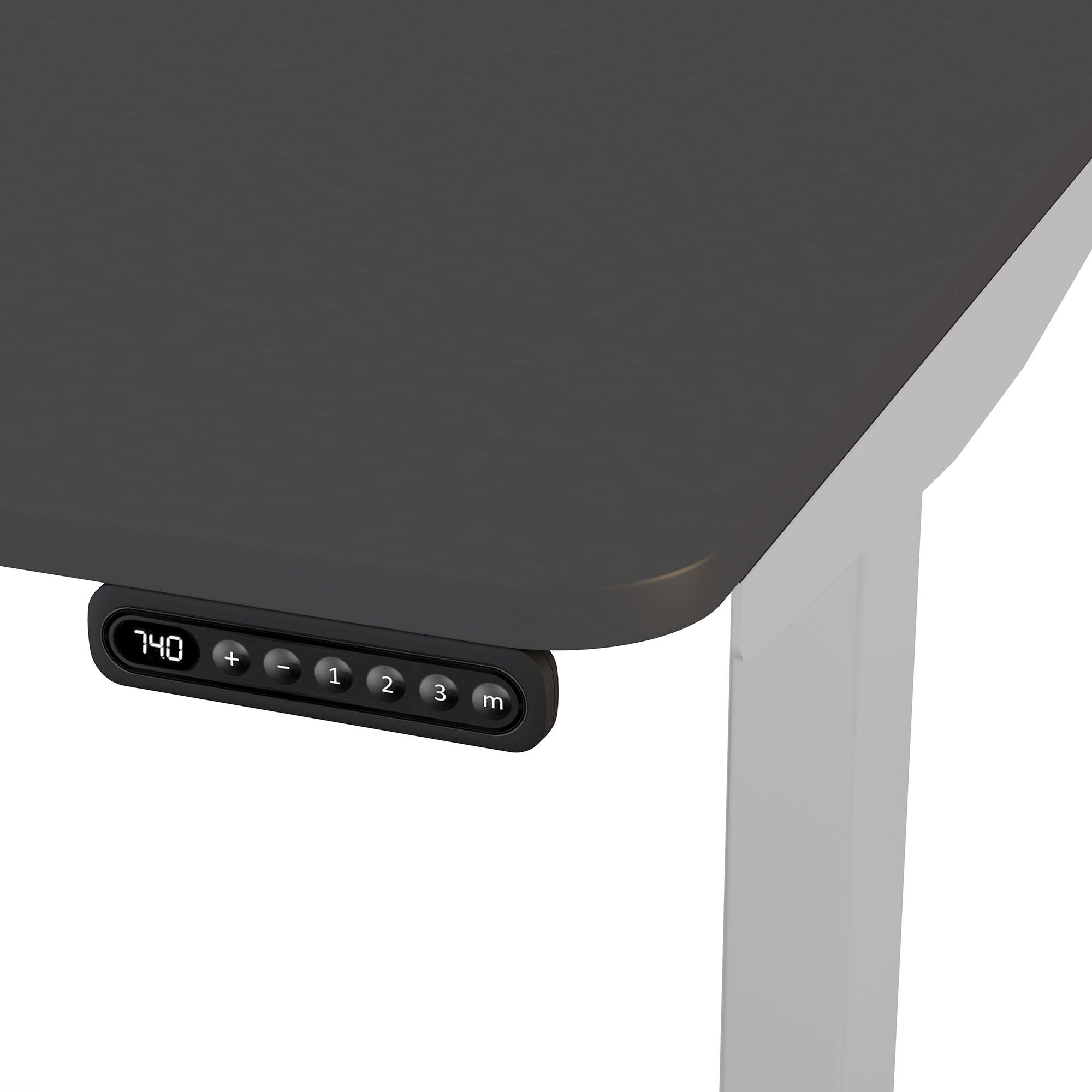 Detailaufnahme eines höhenverstellbaren Schreibtischs mit schwarzer Tischplatte und Bedienfeld mit Display und Tasten
