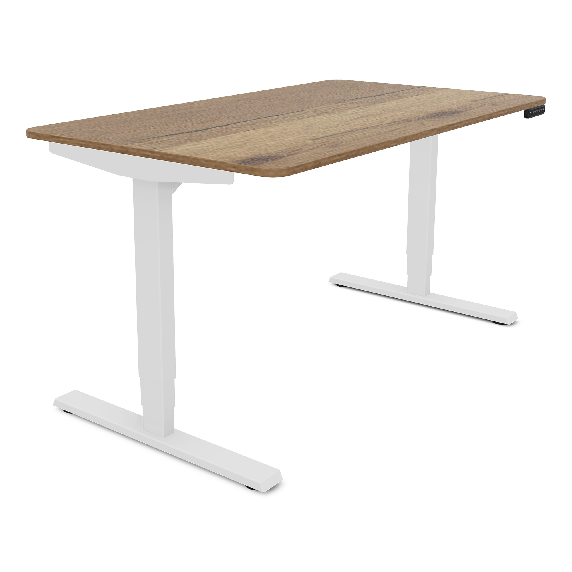 Ein höhenverstellbarer Tisch mit einer Holzplatte und weißen Beinen.