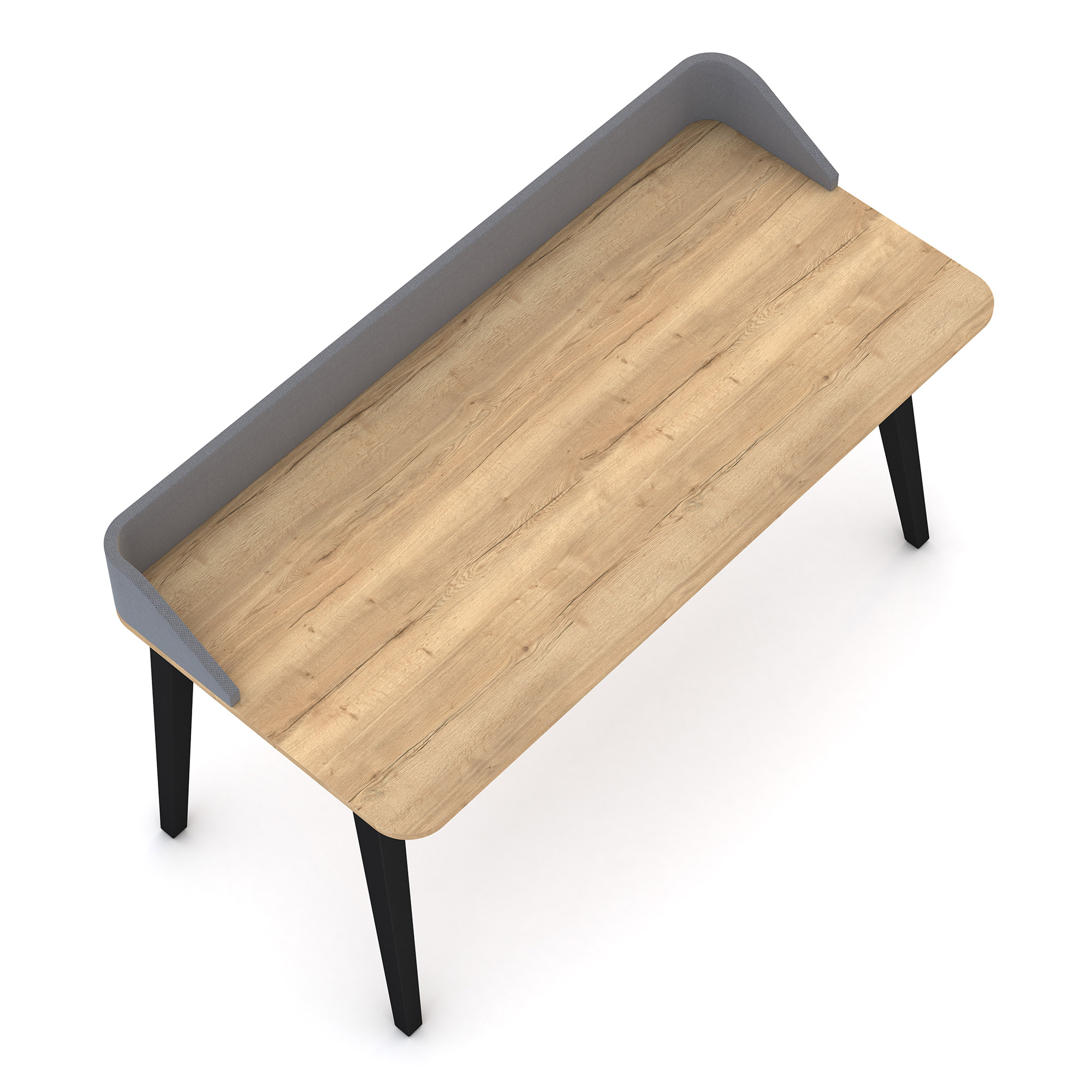 Schreibtisch mit Holzdekorplatte, schwarzem Gestell und grauem Sichtschutzaufsatz