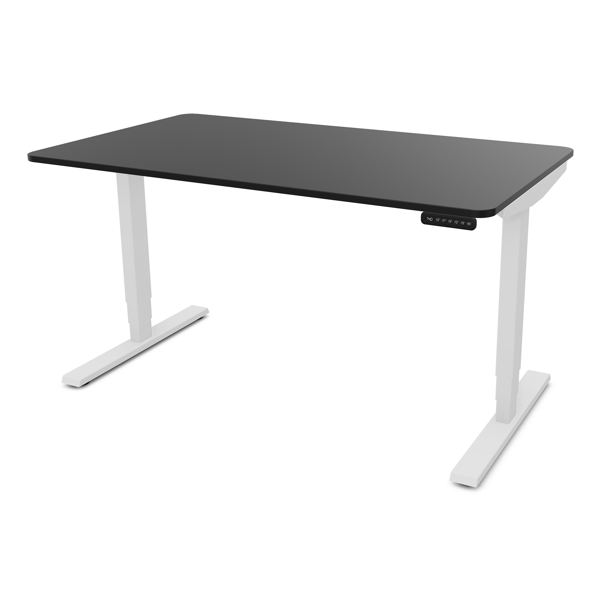Ein schwarzer Schreibtisch mit weißen Beinen und einem Bedienelement an der Seite.