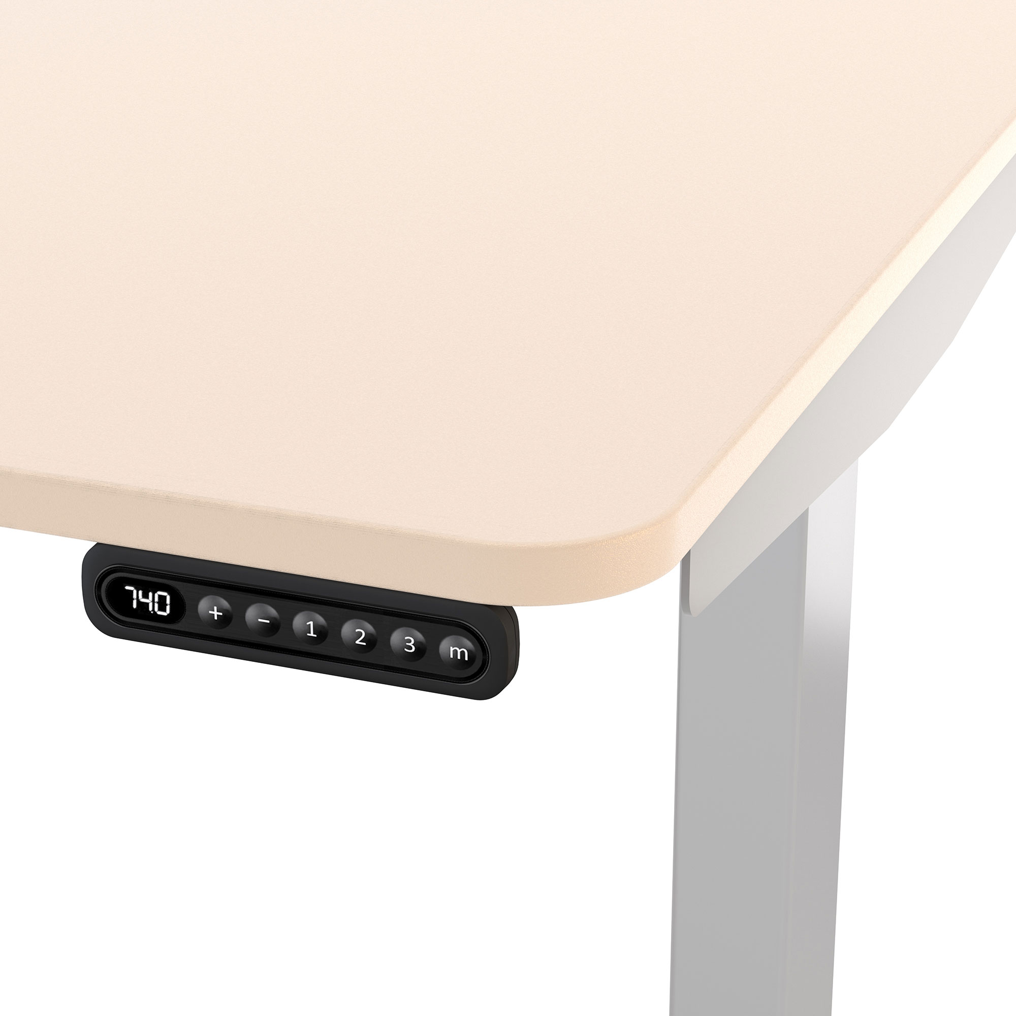 Höhenverstellbarer Schreibtisch mit abgerundeter Kante und digitalem Bedienelement
