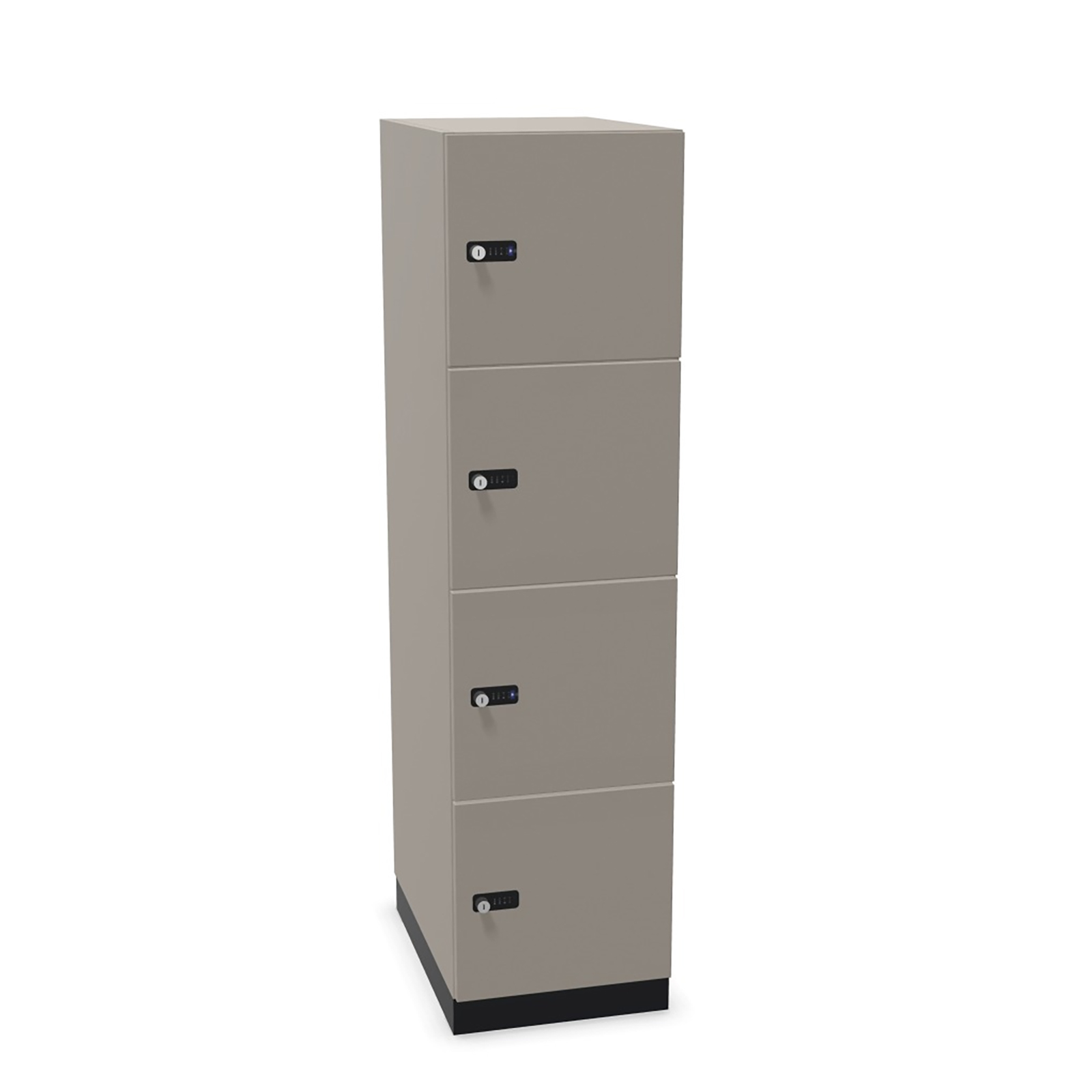 ASSMANN Allvia Schließfachschrank 400x600mm mit 4 Fächern, Zahlenschloss & Seitenverblendung – Komplett-Set inkl. Abdeckplatte & Stoffrückwand – Nebelgrau/Eiche Crema/Graphitschwarz