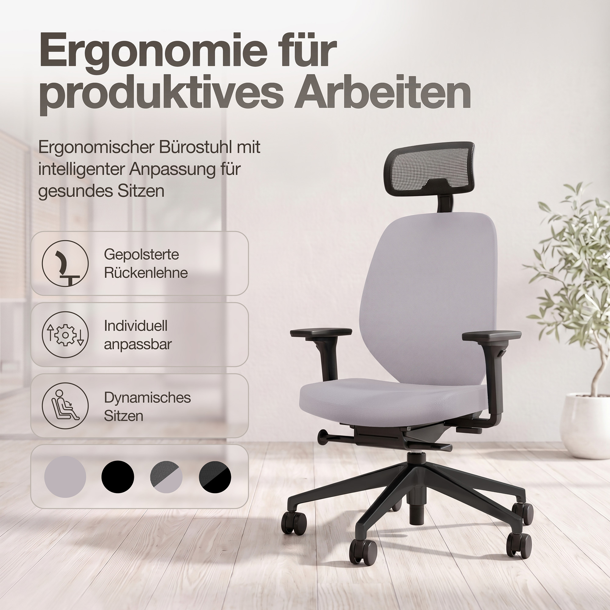 Ergonomischer Bürostuhl Atessa mit Polsterrücken und Kopfstütze