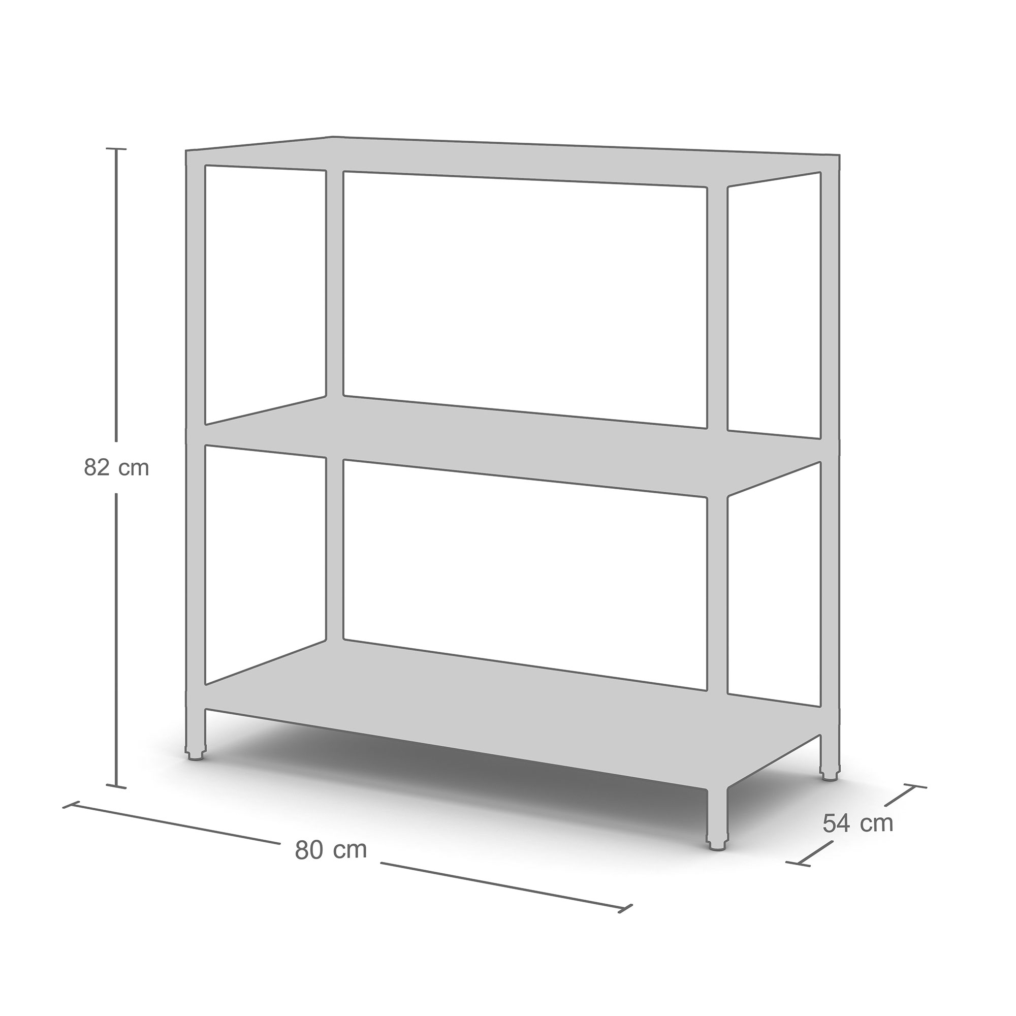 Offenes Regal mit drei Ebenen, 82 cm hoch, 80 cm breit und 54 cm tief.