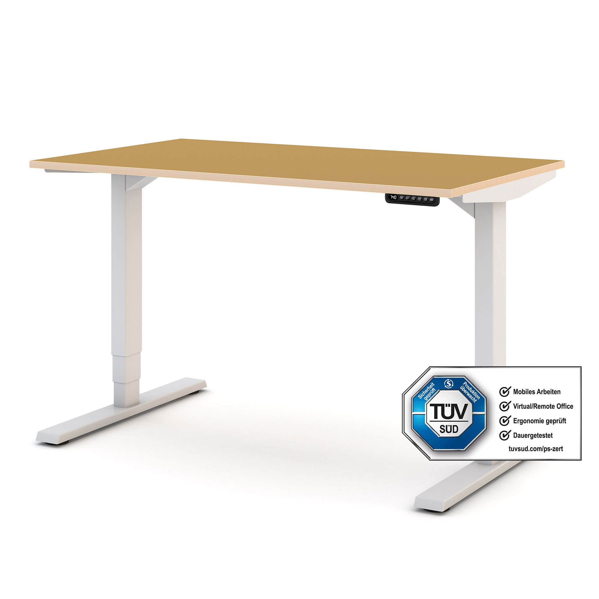 Höhenverstellbarer Schreibtisch mit goldenbrauner Tischplatte, TÜV-geprüft, ideal für mobiles Arbeiten