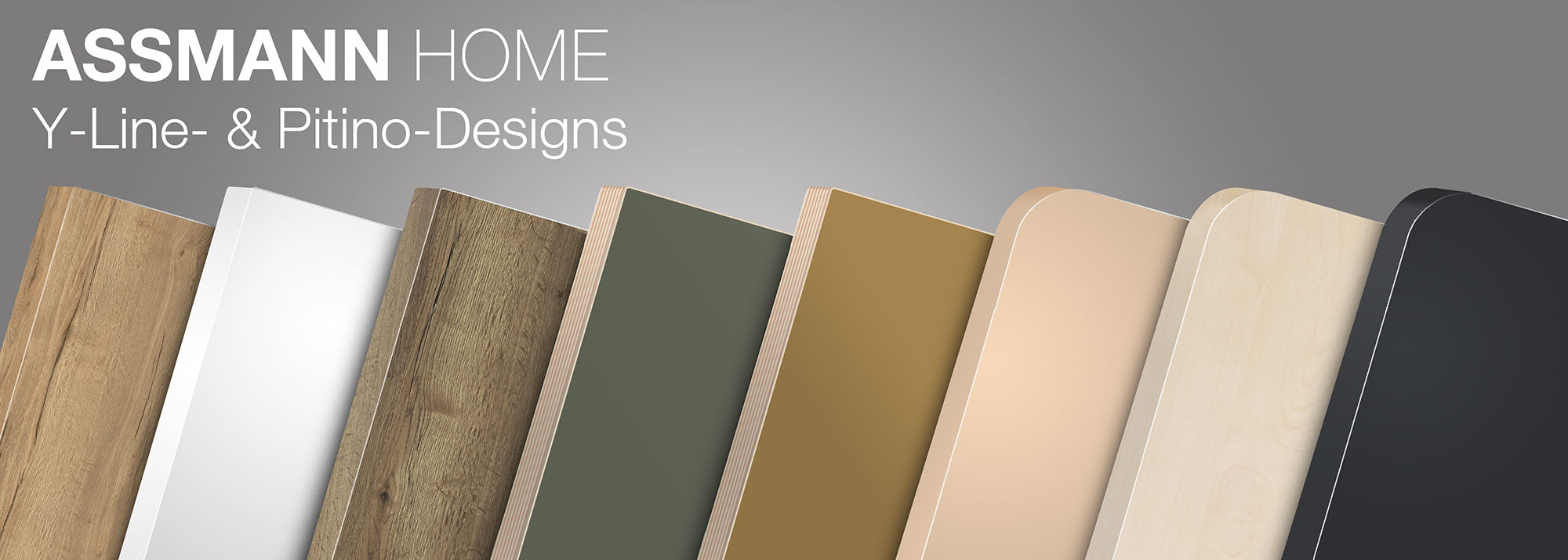 Verschiedene Y-Line- und Pitino-Tischplatten-Designs von Assmann Home nebeneinander präsentiert
