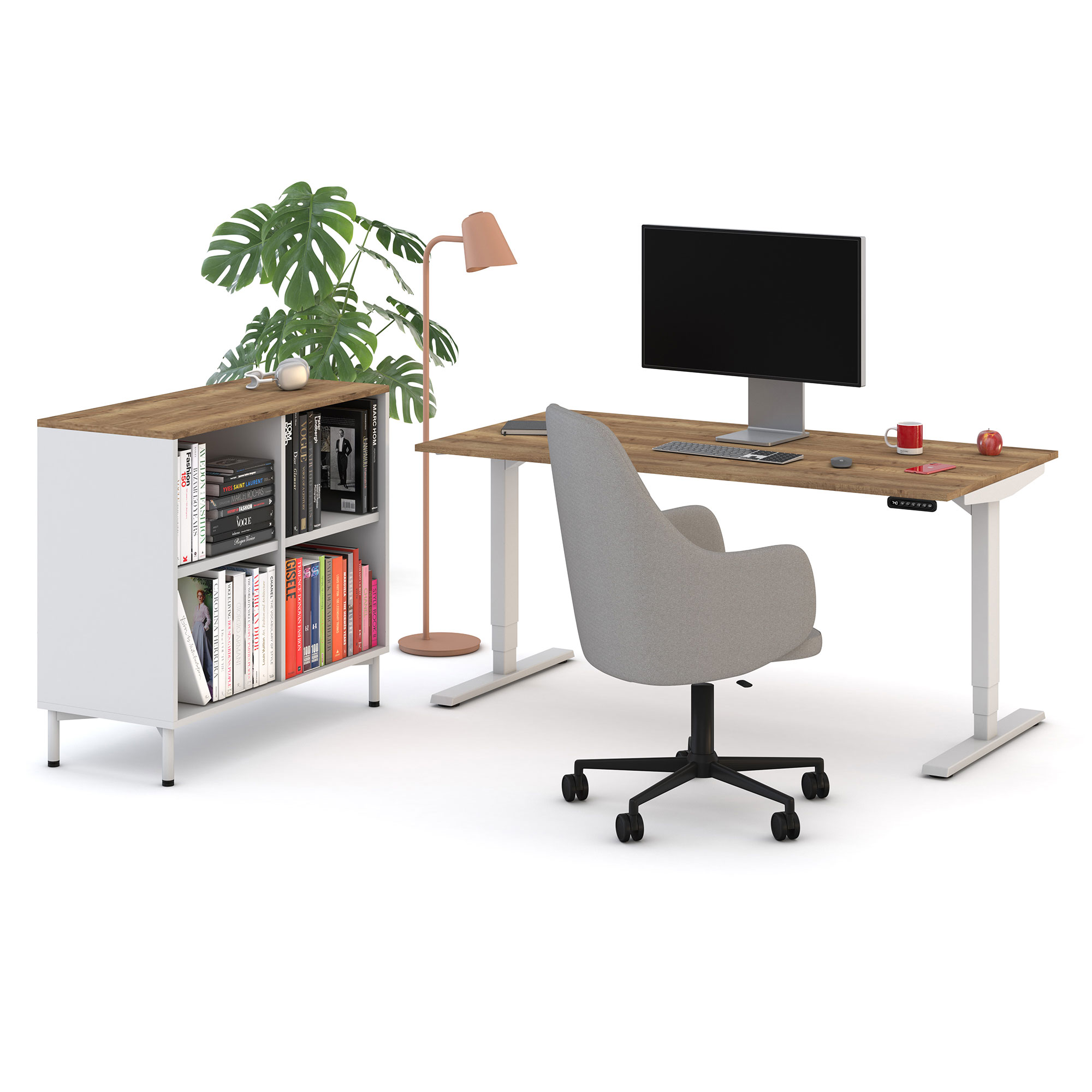 Ein modernes Homeoffice mit einem Schreibtisch, einem Bürostuhl, einem Monitor, einem Bücherregal und einer Stehlampe. Eine Pflanze ist ebenfalls sichtbar.