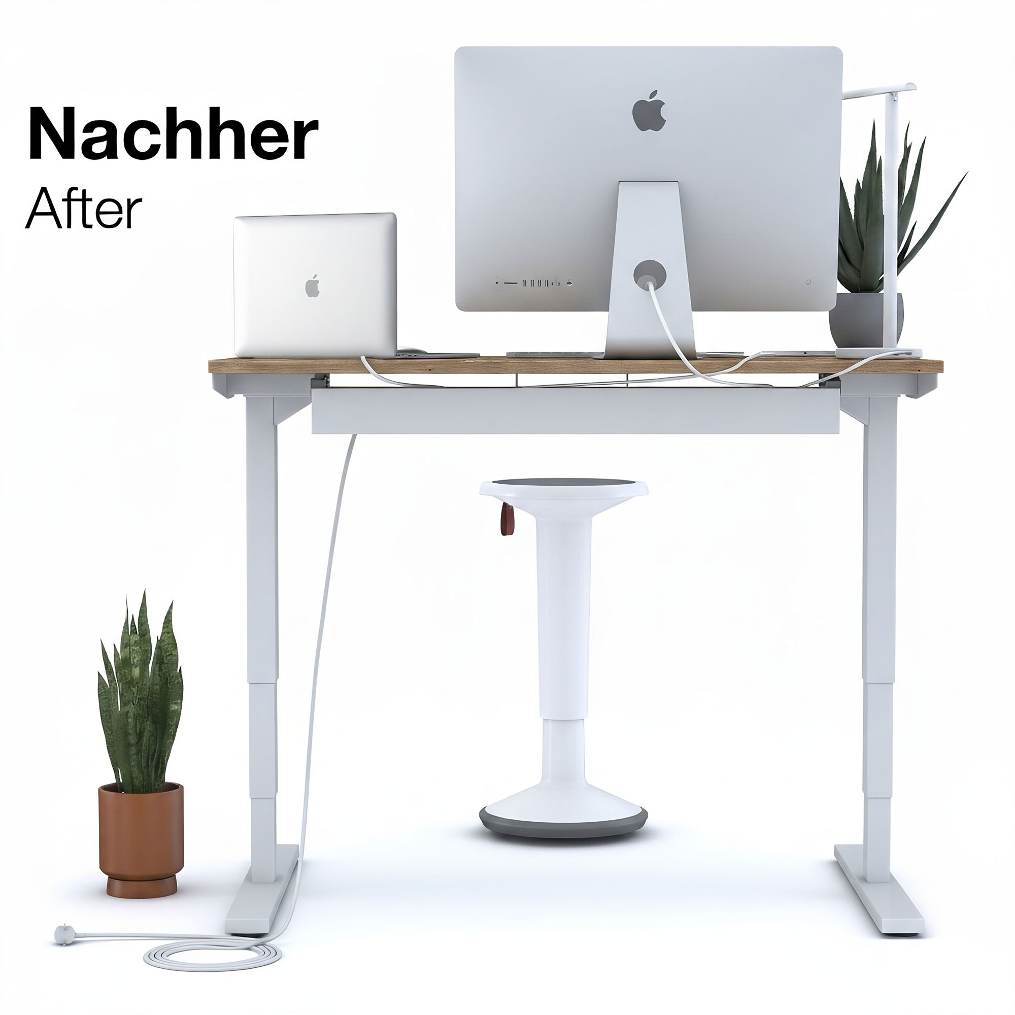 Ein ordentlich organisierter Stehschreibtisch mit einem iMac, einem geschlossenen MacBook und zwei Topfpflanzen. In der Mitte steht ein weißer Hocker, die Kabel sind ordentlich verlegt. Links steht das Wort Nachher.