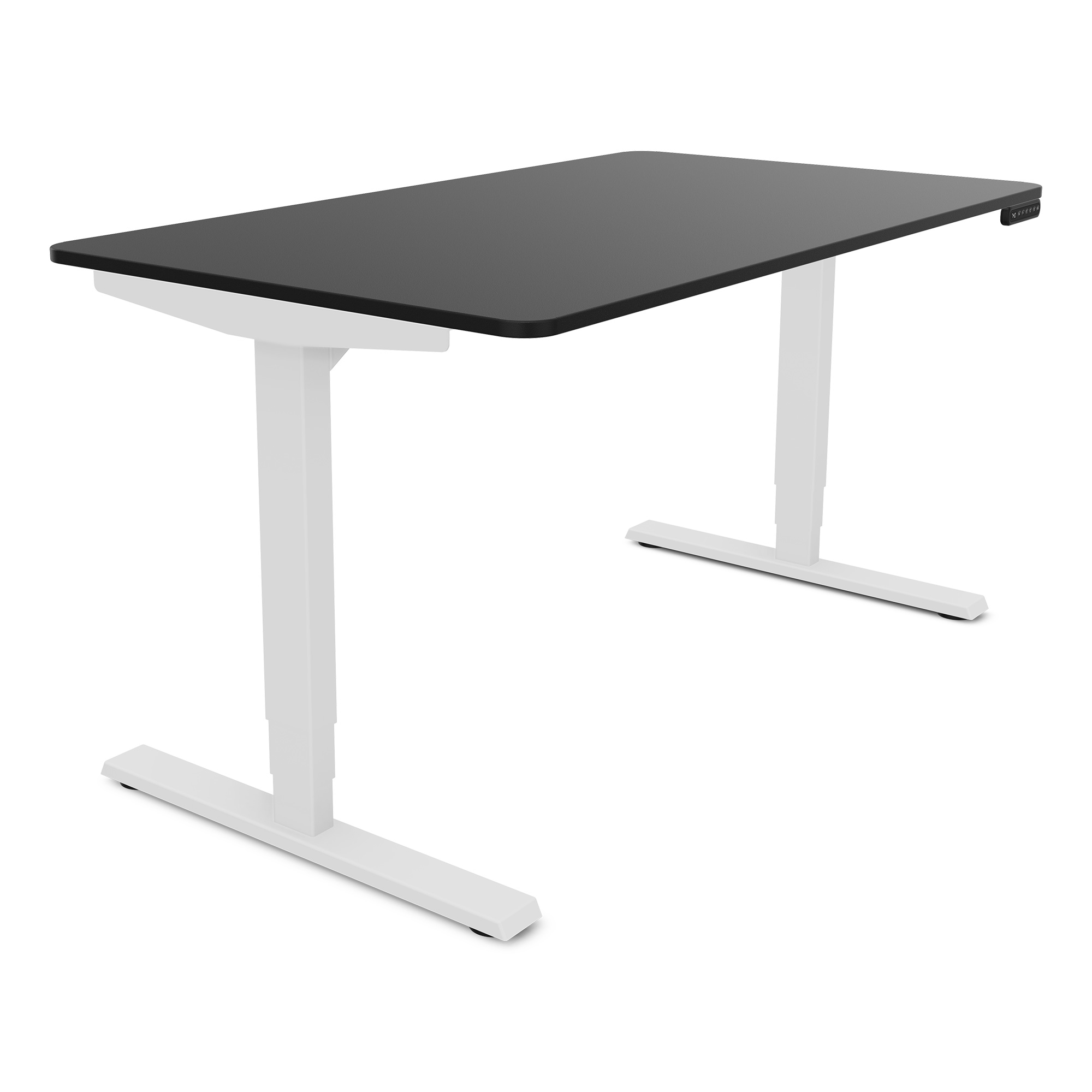 Ein schwarzer Schreibtisch mit weißen Beinen und einem Bedienelement an der Seite.