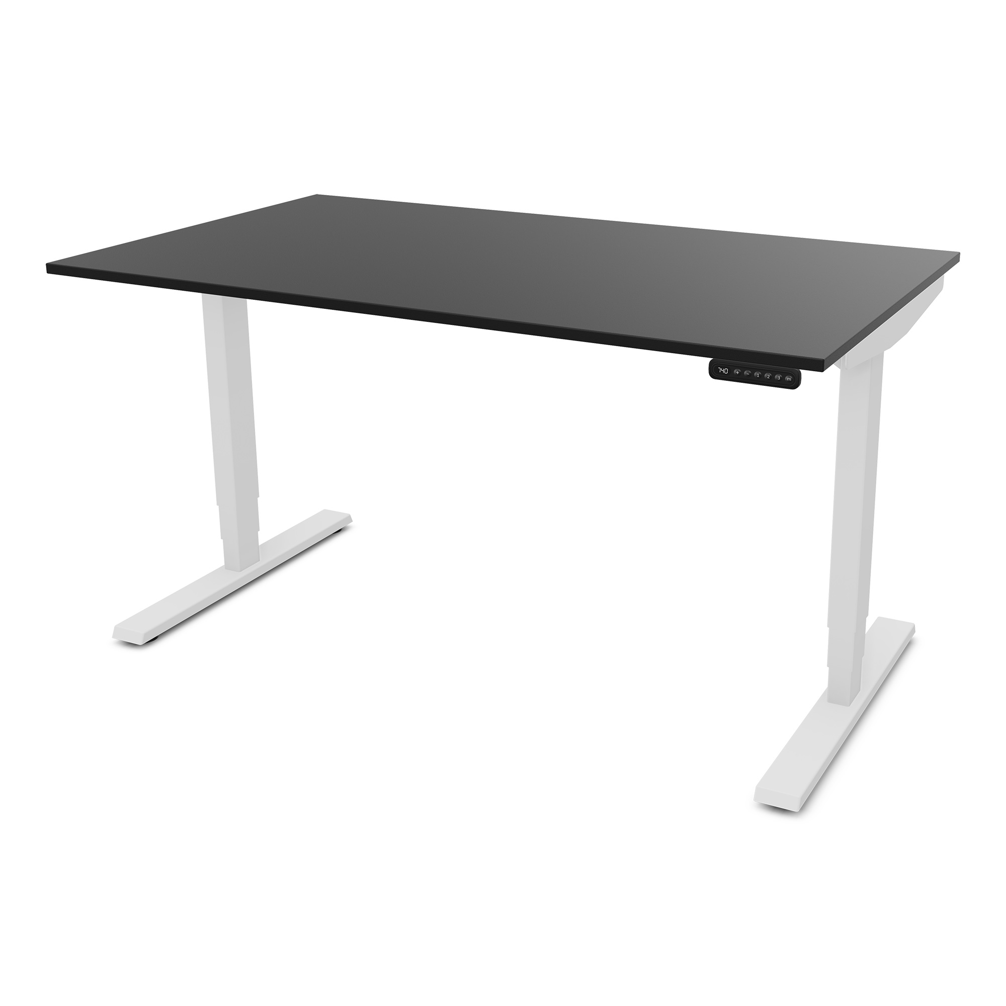Elektrisch höhenverstellbarer Schreibtisch Y-Line Ein höhenverstellbarer Schreibtisch mit schwarzer Tischplatte und weißen Beinen.