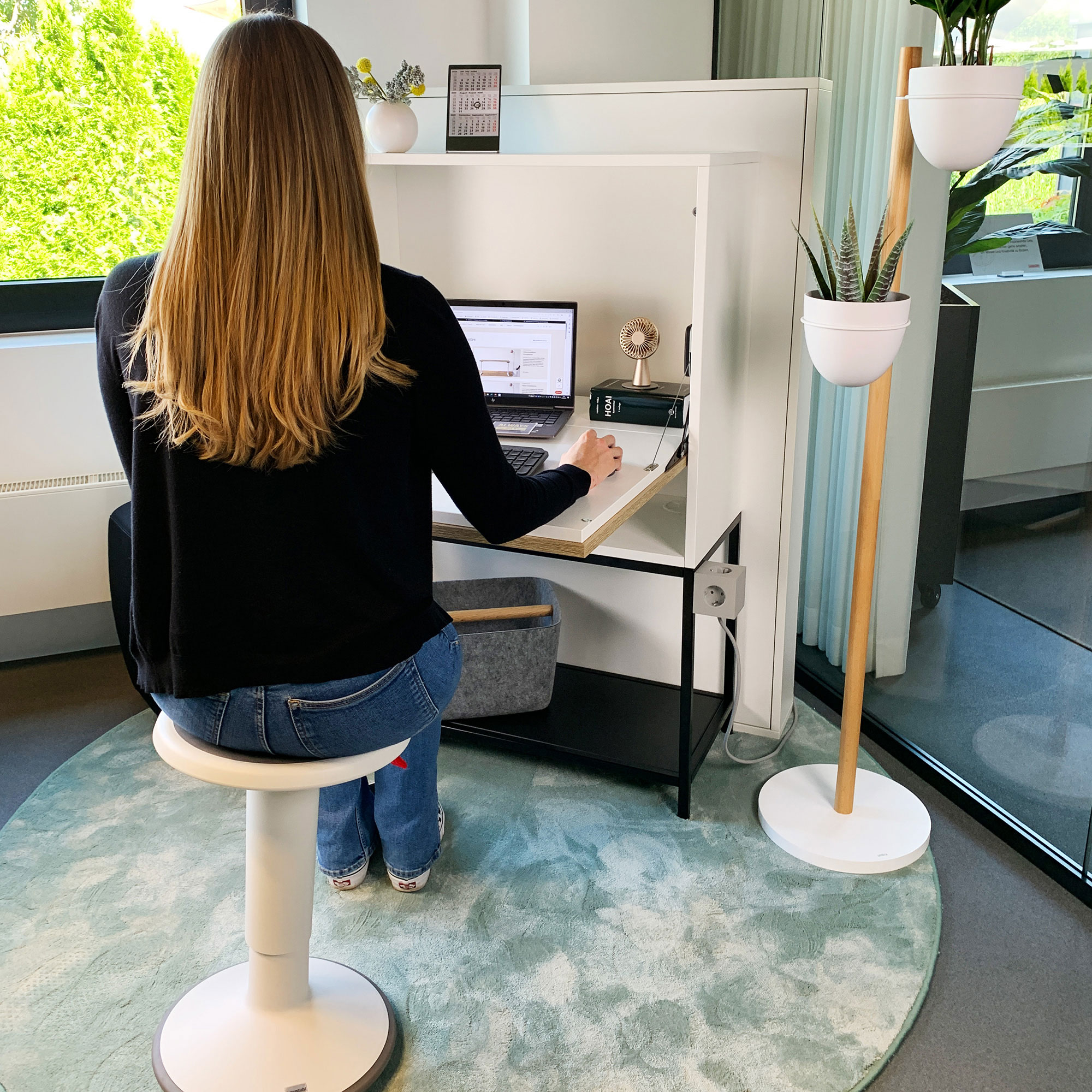 Sekretär Cubas Premium Frau arbeitet an einem Laptop an einem modernen Schreibtisch mit Trennwand und Pflanzen im Büro.