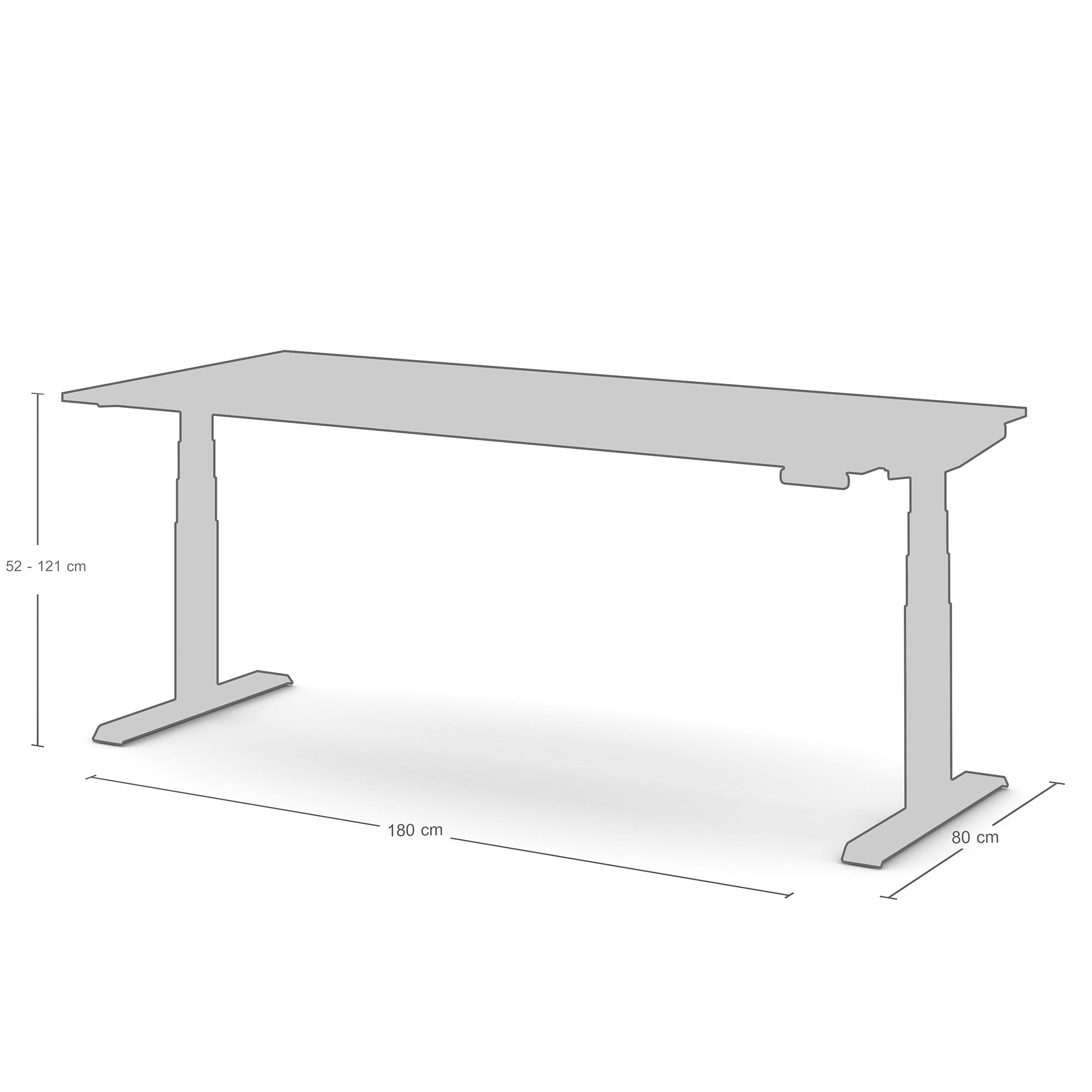 Technische Zeichnung des elektrisch höhenverstellbaren Schreibtischs Modell ‘Pitino’ von ASSMANN mit rechteckiger Tischplatte (Maß 180 cm Breite × 80 cm Tiefe); Höhenverstellbereich ca. 52 cm bis 121 cm; Darstellung in Grautönen mit Maßlinien.