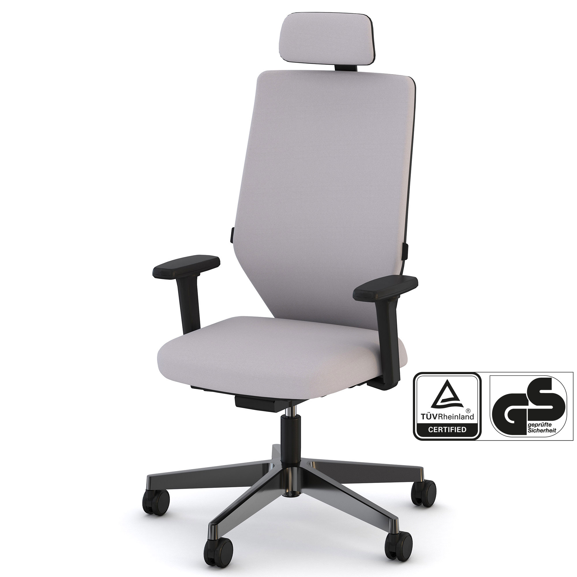 Bürostuhl Streamo mit Polsterrücken und Kopfstütze Ergonomischer Bürostuhl mit grauem Bezug, verstellbaren Armlehnen und Kopfstütze, TÜV-geprüft