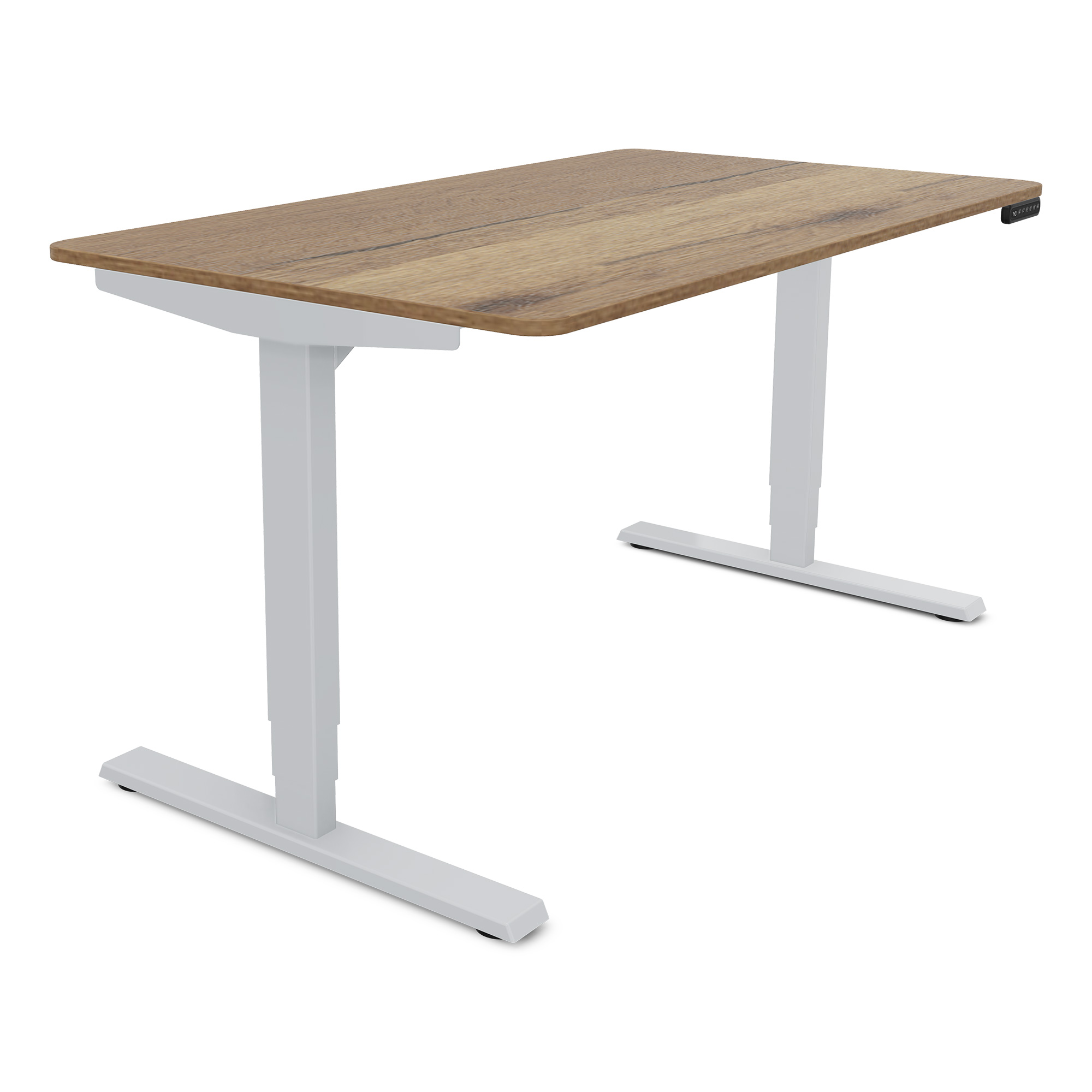 Ein moderner Schreibtisch mit einer Holzoberfläche und weißen Metallbeinen.