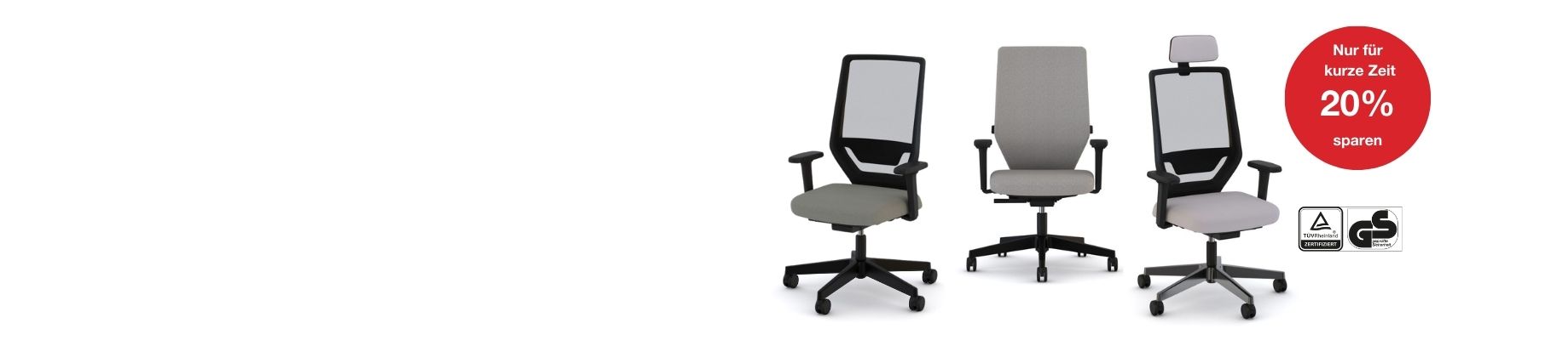 Drei Bürostühle mit einem Rabatt von 20%, abgebildet auf einem weißen Hintergrund.