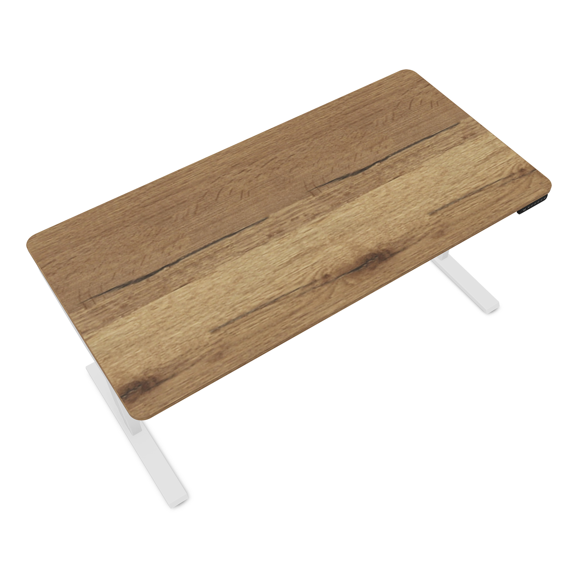 Ein höhenverstellbarer Tisch mit einer Holzplatte und weißen Beinen.