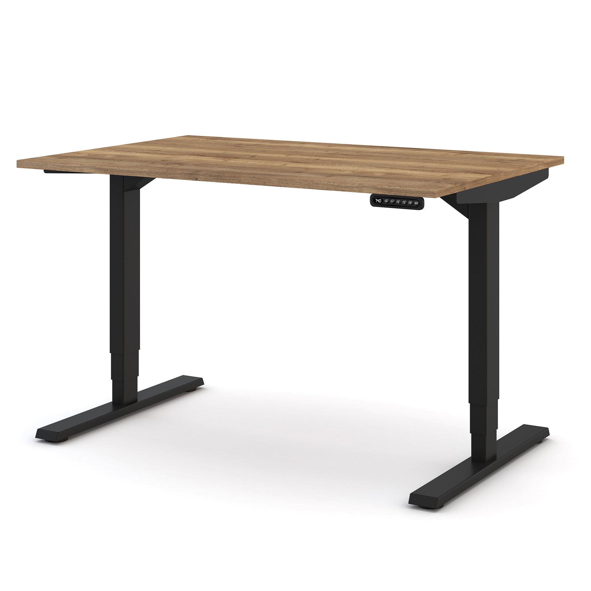 Ein höhenverstellbarer Schreibtisch mit einer Holzplatte und schwarzen Metallbeinen.