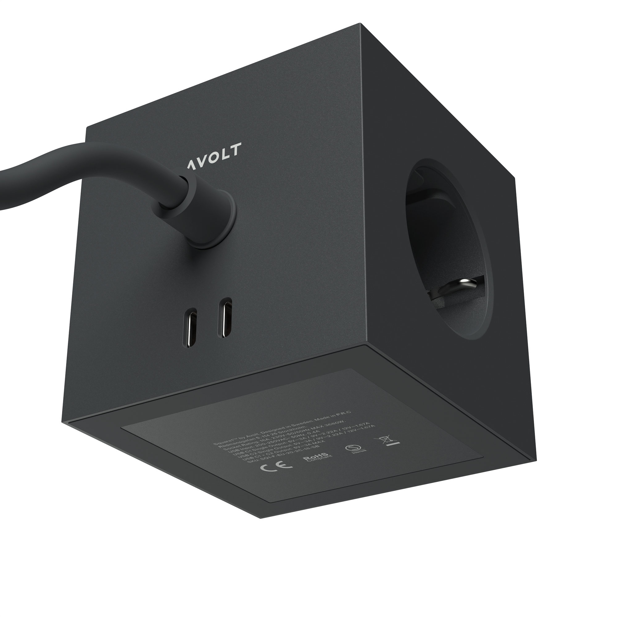 Schwarze AVOLT Mehrfachsteckdose mit USB-C-Anschlüssen und Textfläche – funktionales und elegantes Stromzubehör für zeitgemäßes Wohnen