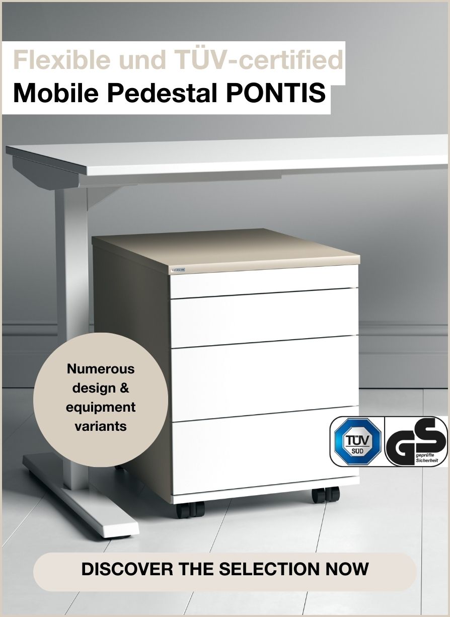 Mobiler Rollcontainer PONTIS mit TÜV-Zertifikat unter einem weißen Schreibtisch, Designvarianten beworben.