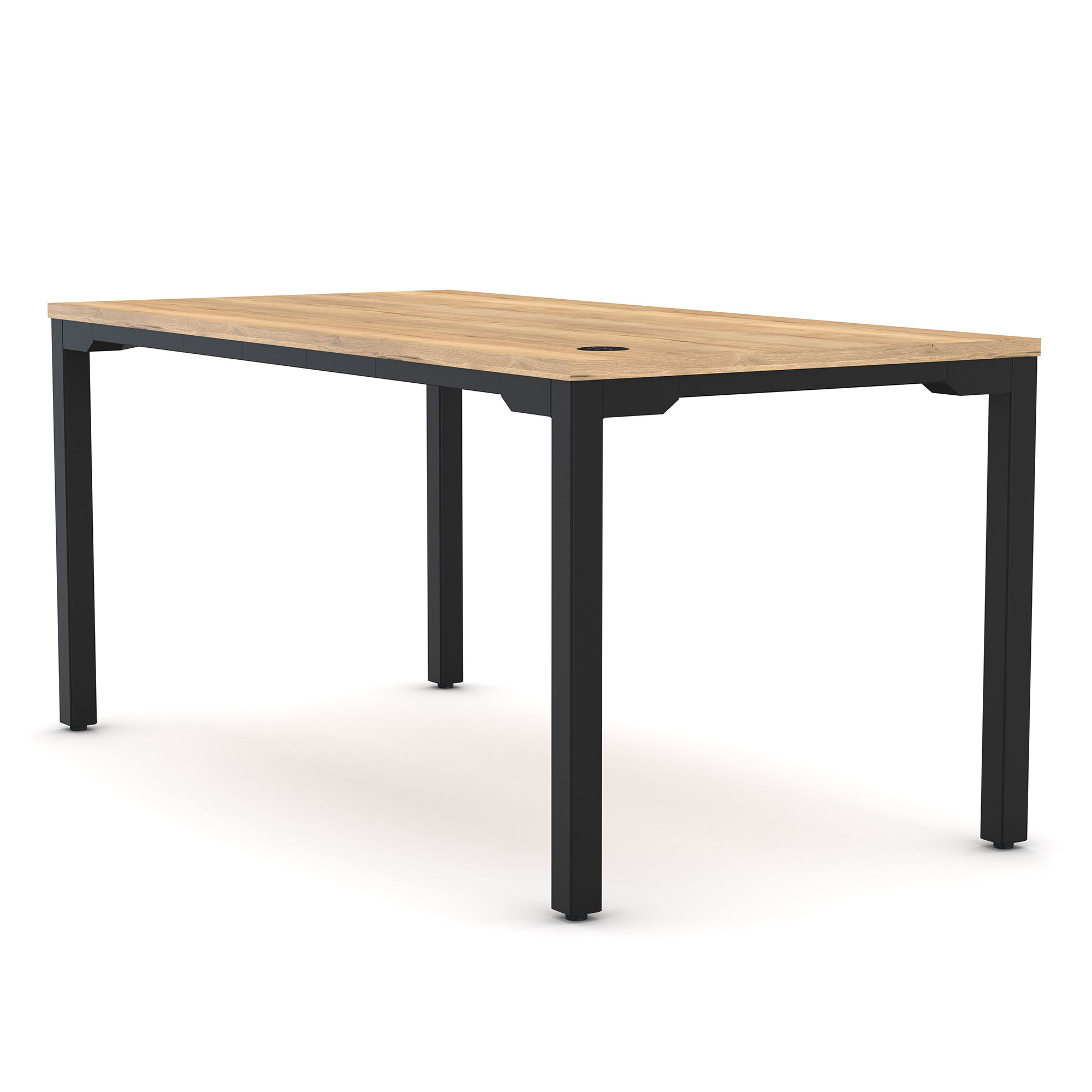 Ein moderner Tisch mit einer Holzoberfläche und schwarzen Metallbeinen.