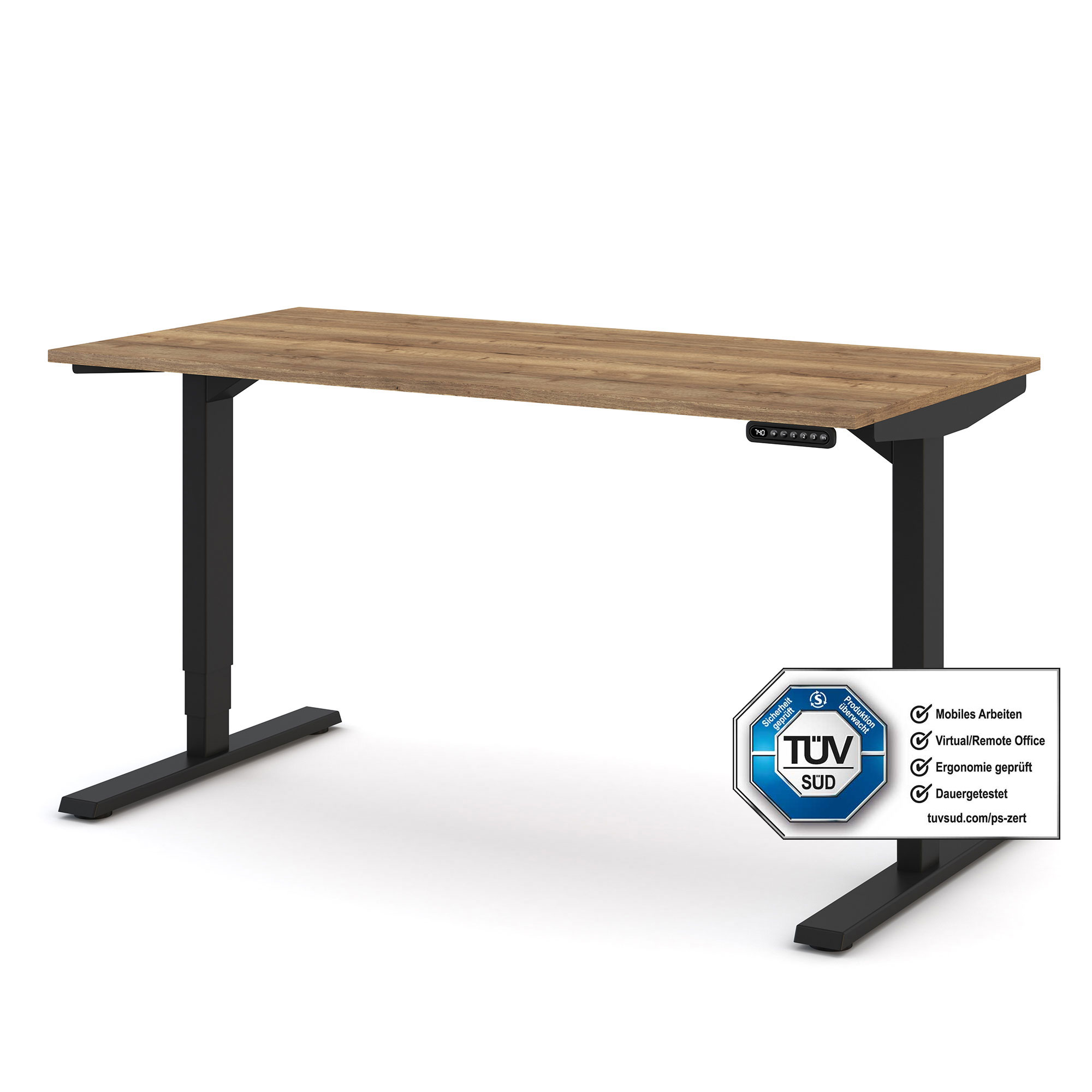 Ergonomischer Schreibtisch mit Holzplatte und schwarzem Gestell, ausgestattet mit elektrischer Höhenverstellung.
