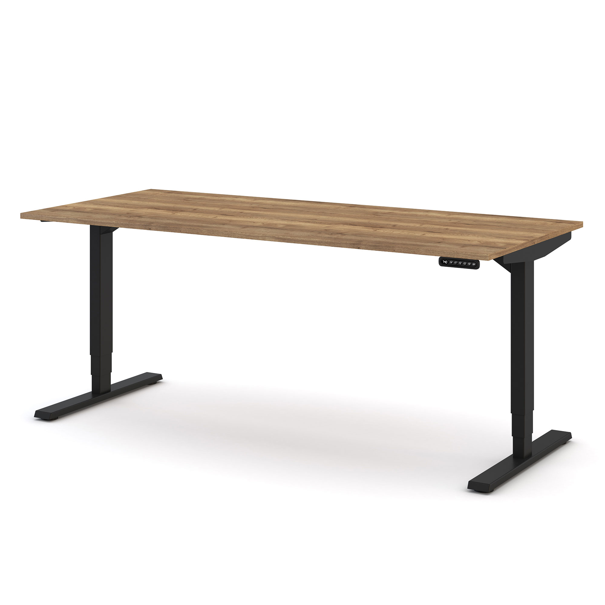 Höhenverstellbarer Schreibtisch mit Holzoptik-Tischplatte und schwarzem Gestell.