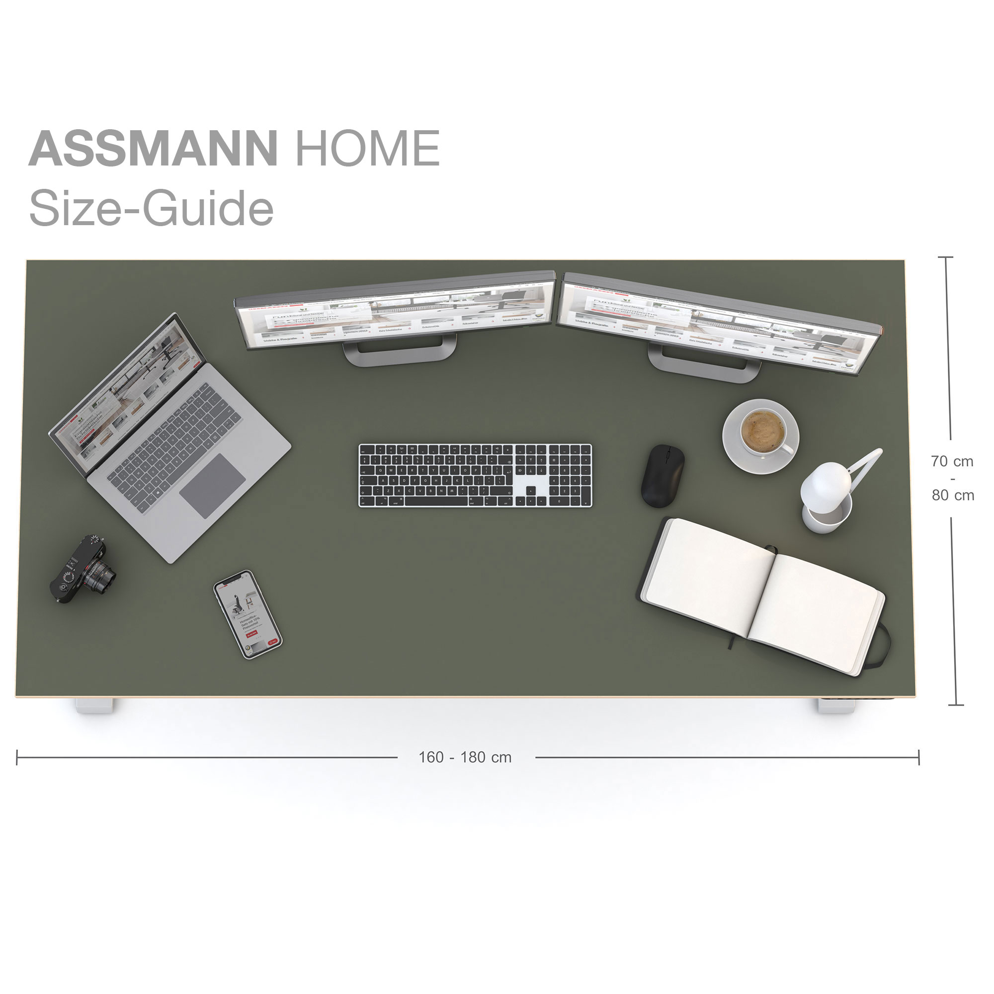 Größenvergleich eines grünen Schreibtischs mit zwei Monitoren, Laptop, Tastatur und Maus aus der Vogelperspektive