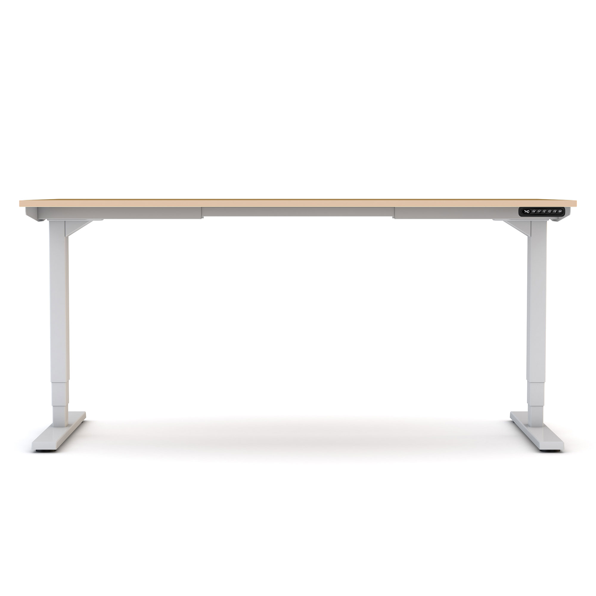 Höhenverstellbarer Schreibtisch mit heller Holzplatte und weißem Gestell, frontal abgebildet