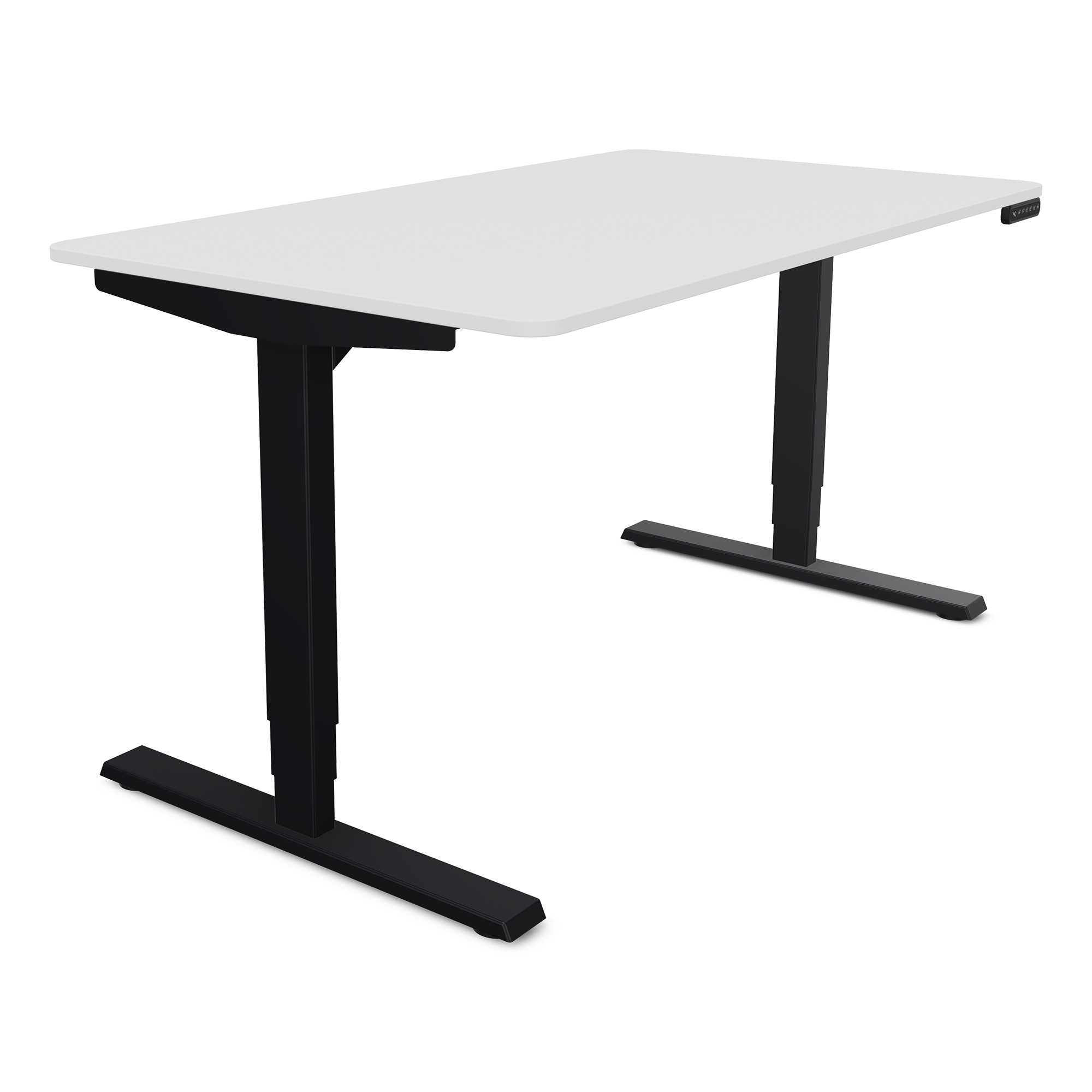 Ein höhenverstellbarer Schreibtisch mit einer weißen Tischplatte und schwarzen Füßen.
