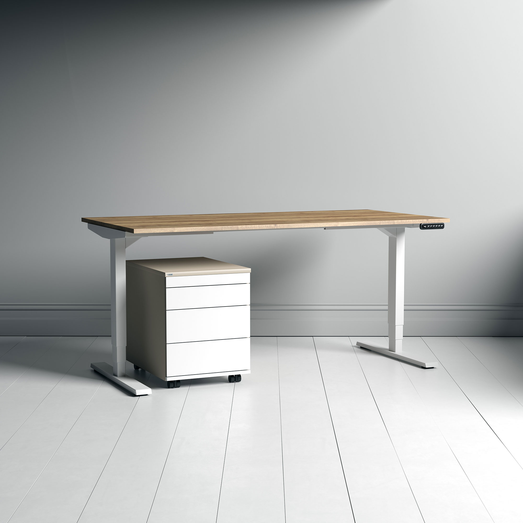 Elektrisch höhenverstellbarer Schreibtisch Y-Line Ein moderner Schreibtisch aus Holz mit einem weißen Rollcontainer.