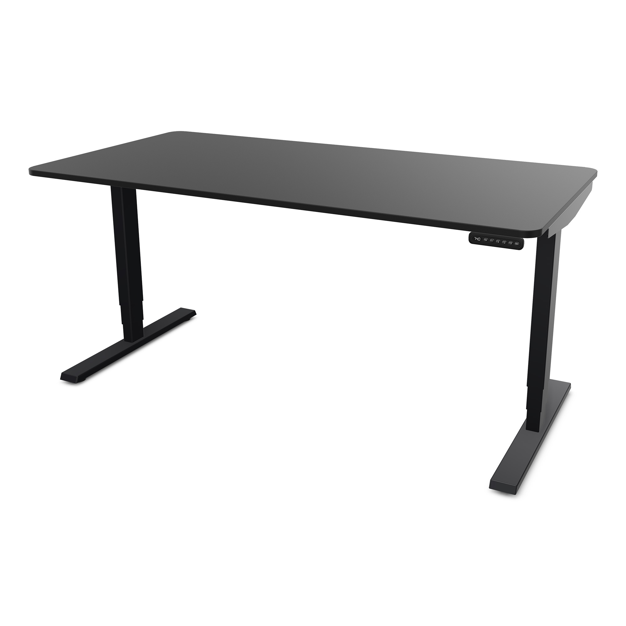 Elektrisch höhenverstellbarer Schreibtisch Y-Line Curved Ein schwarzer Schreibtisch mit rechteckiger Tischplatte und verstellbaren Beinen.