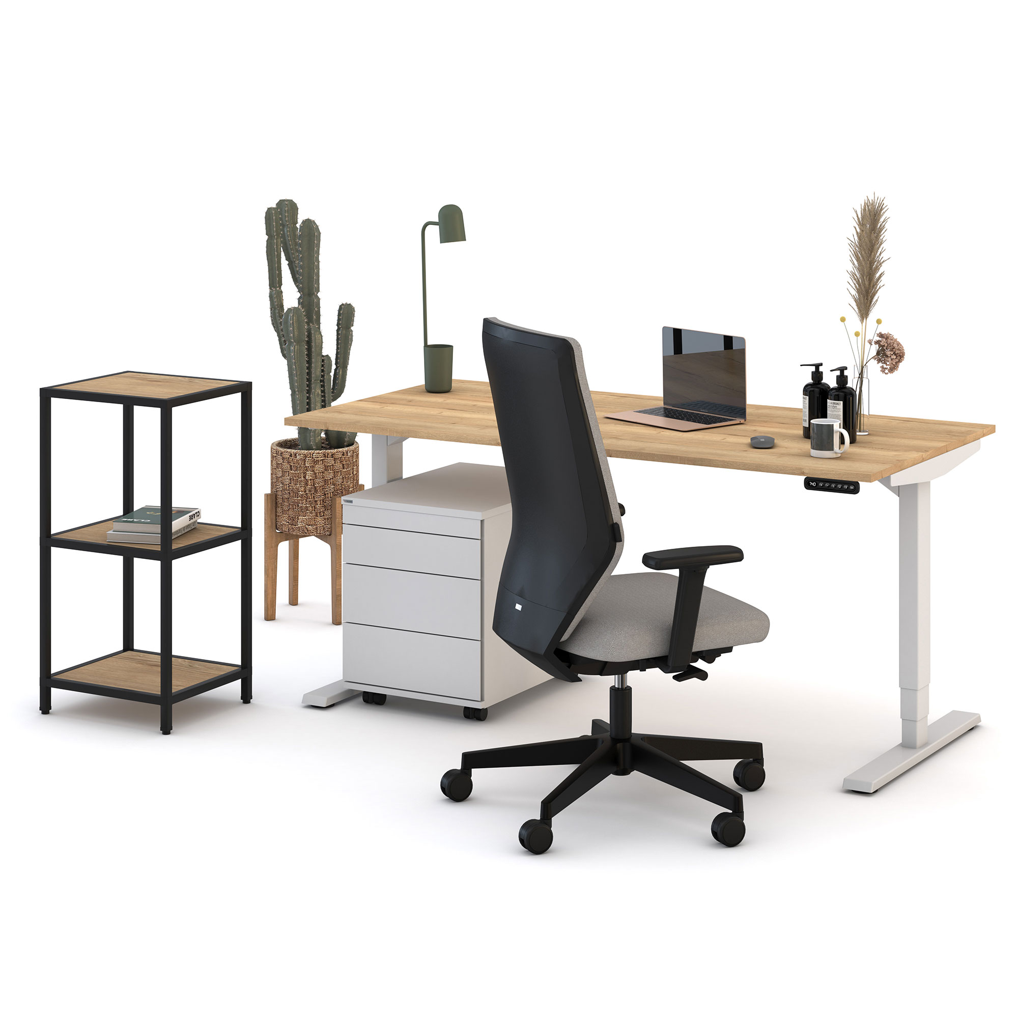Ein modernes Büro mit einem Schreibtisch, einem ergonomischen Stuhl, einem Regal, einer Pflanze und einem Laptop.