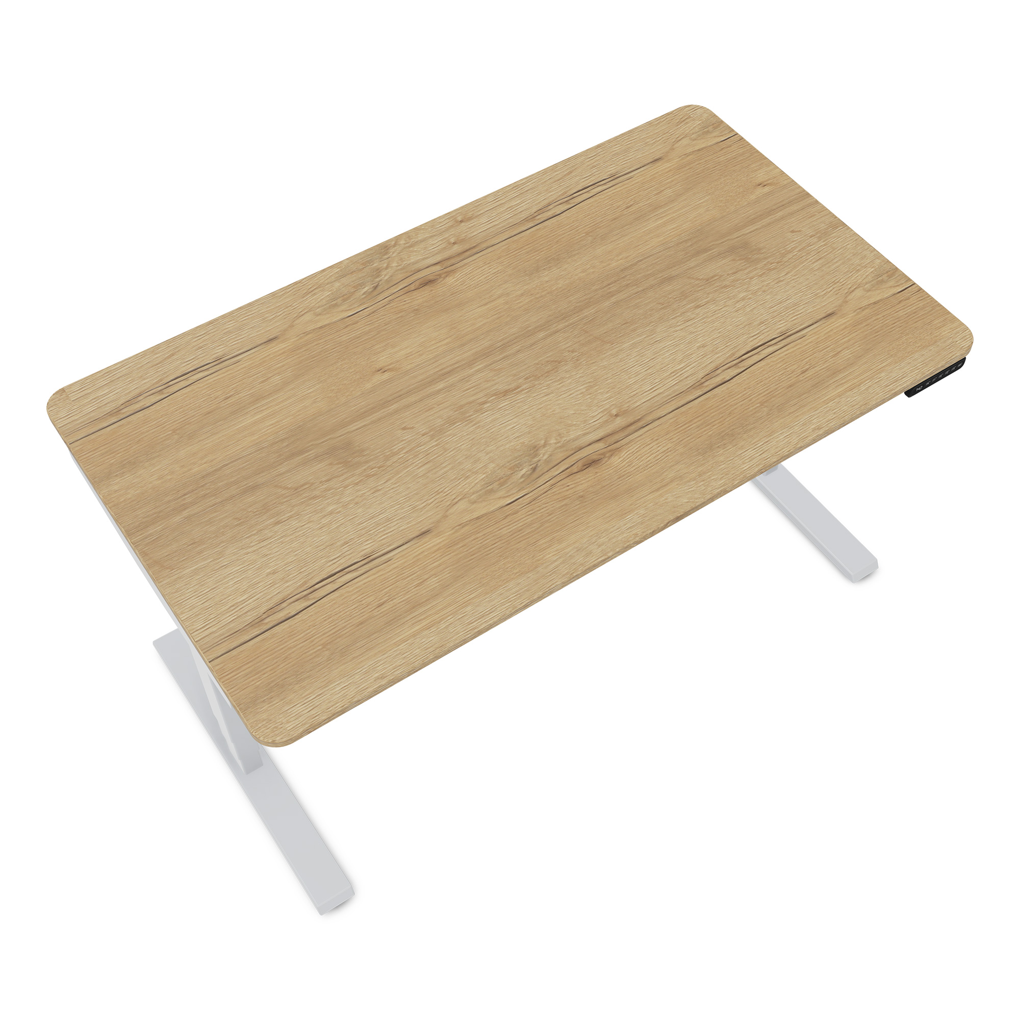 Ein moderner Schreibtisch mit einer hellen Holzplatte und weißen Metallbeinen.