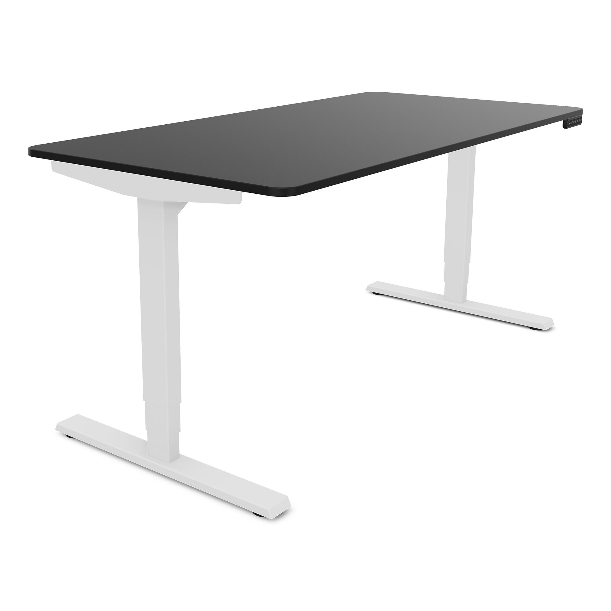 Ein schwarzer Schreibtisch mit weißen Beinen und einem Bedienelement an der Seite.