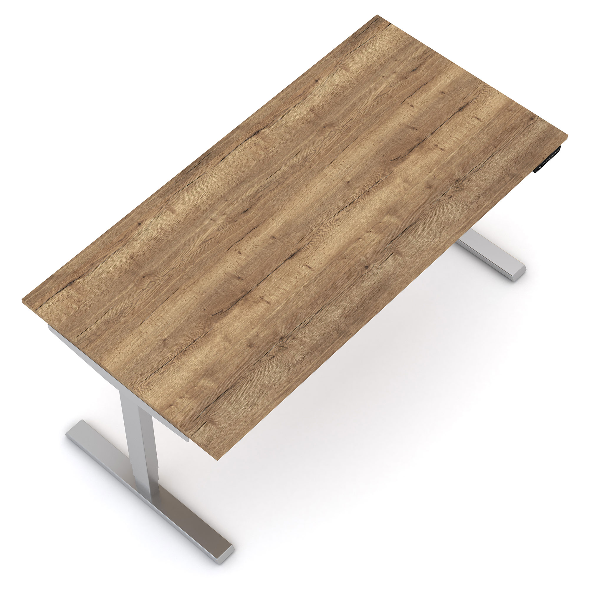 Schreibtischplatte mit Holzoptik und silbernem Gestell von oben.